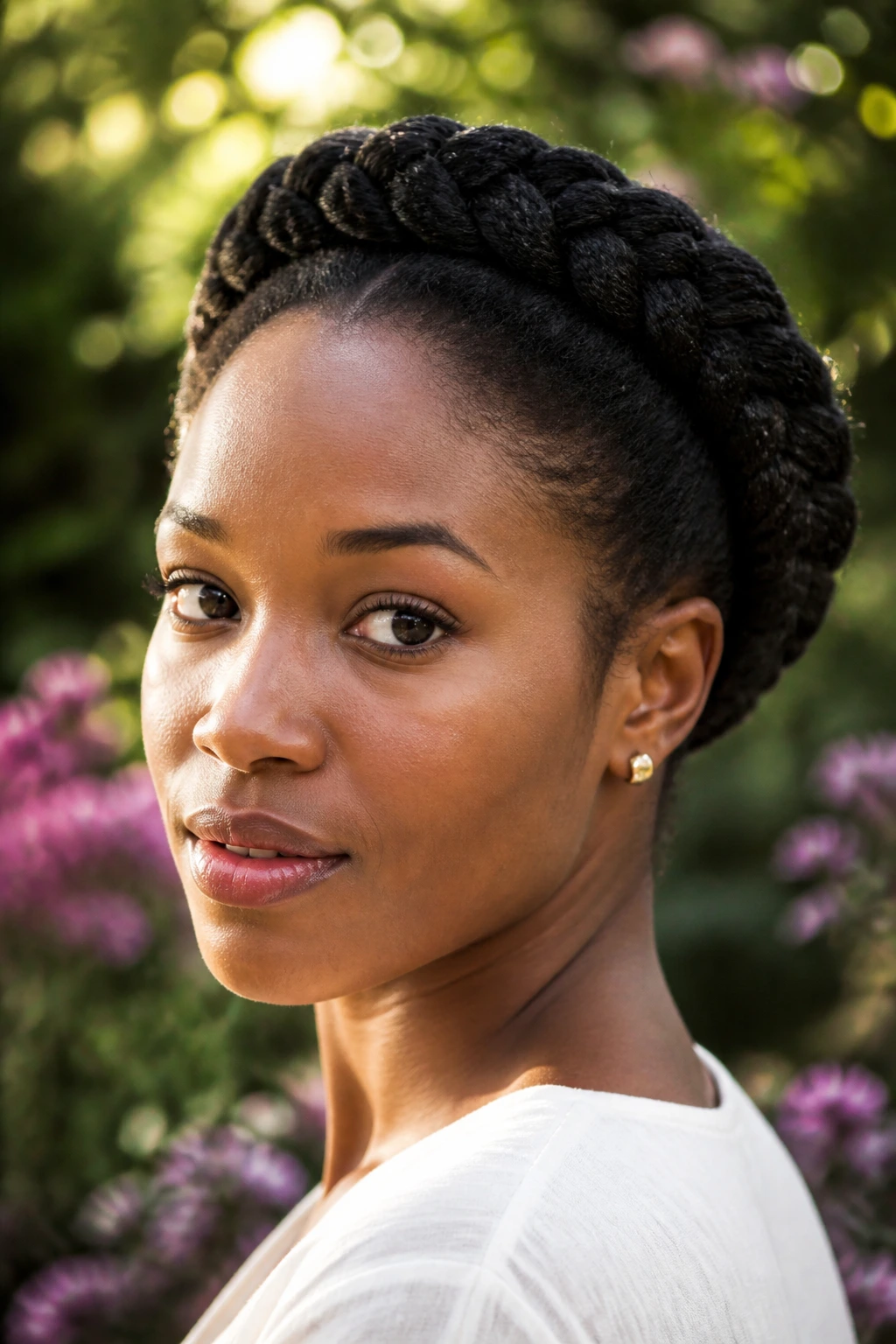Person wearing a halo braid in a garden setting