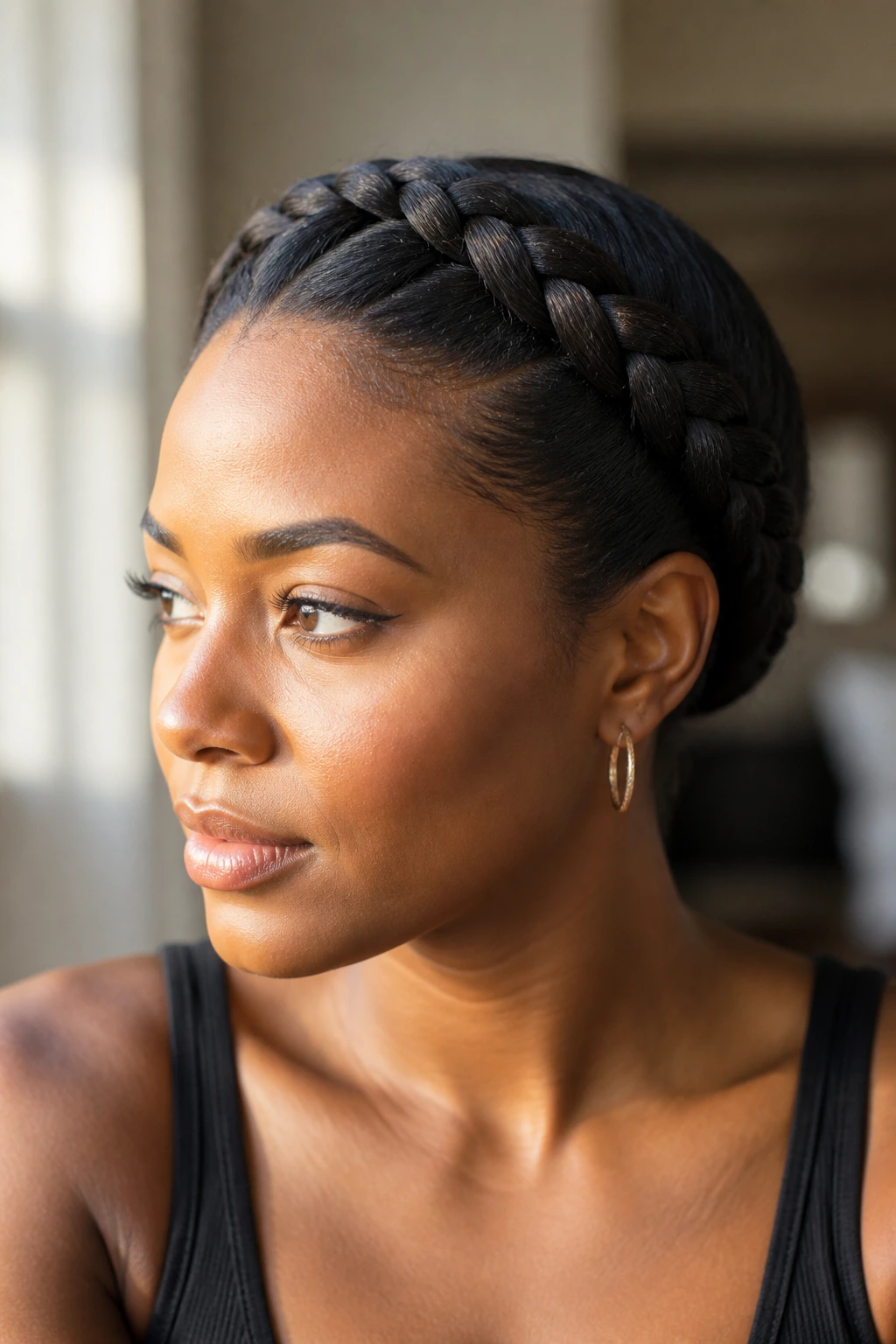 Close-up portrait of a real woman wearing a crown halo braid around her head