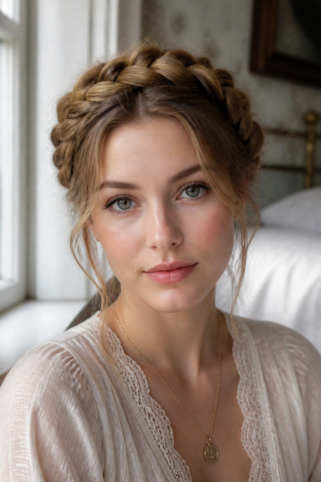 Close-up of a real woman with a halo braid circling the head