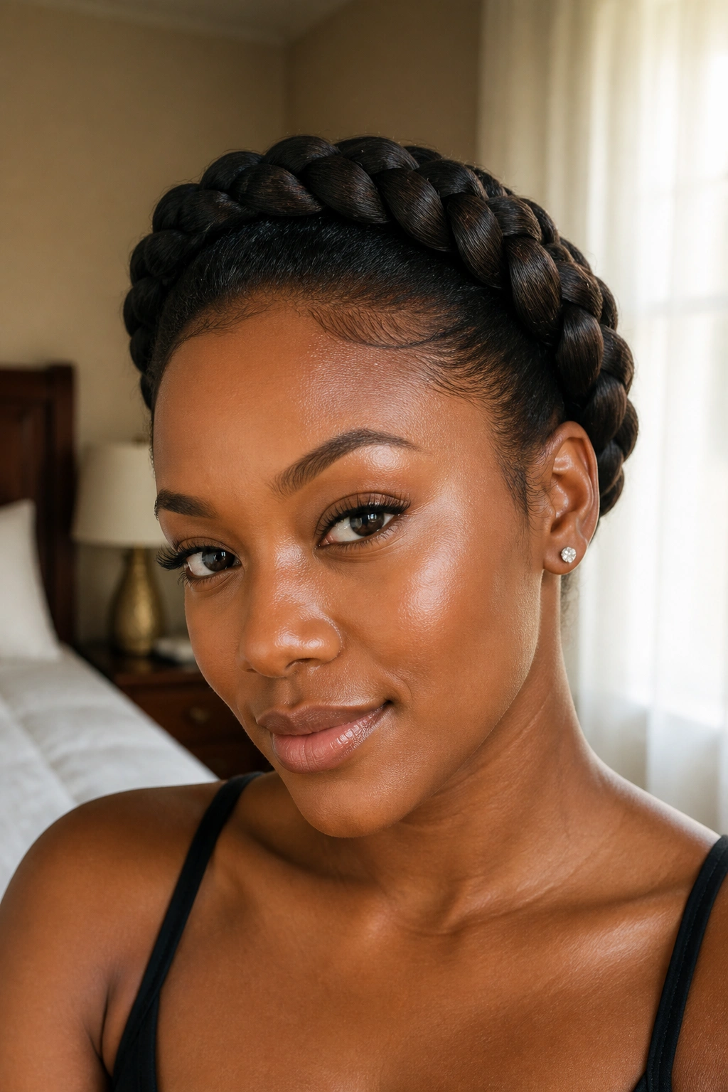 Close-up portrait of a real Black woman wearing a halo braid around the crown with a serene expression