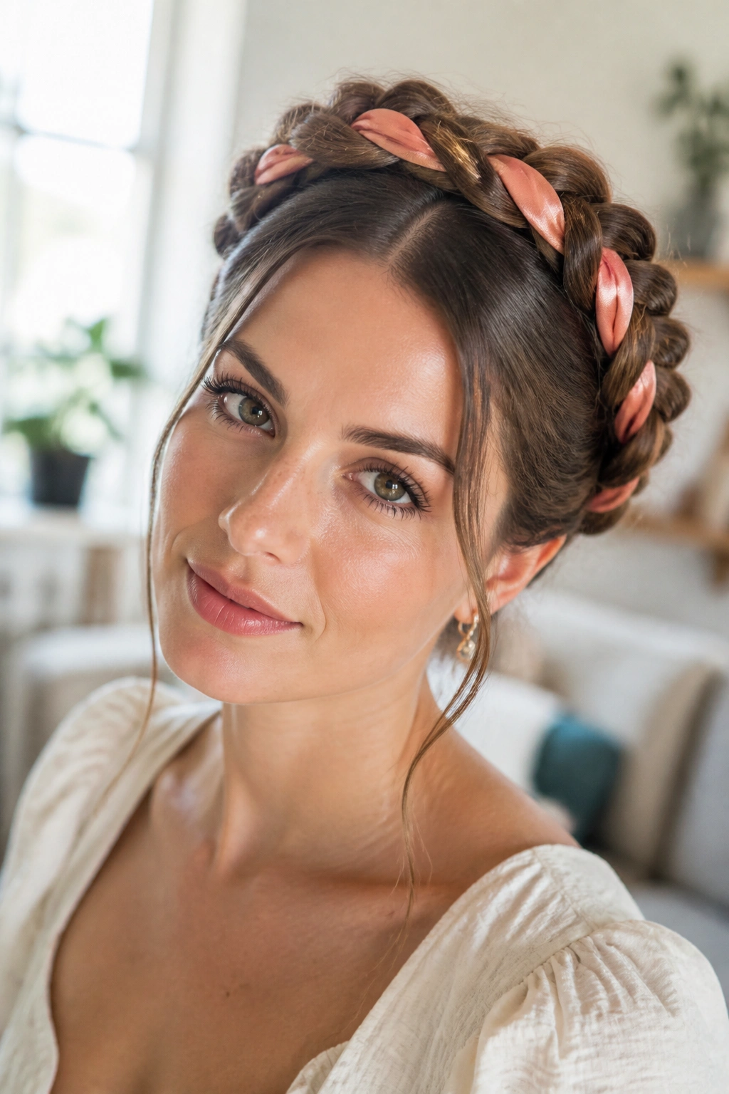 Close-up of halo braid with a satin scarf woven through on a real woman.