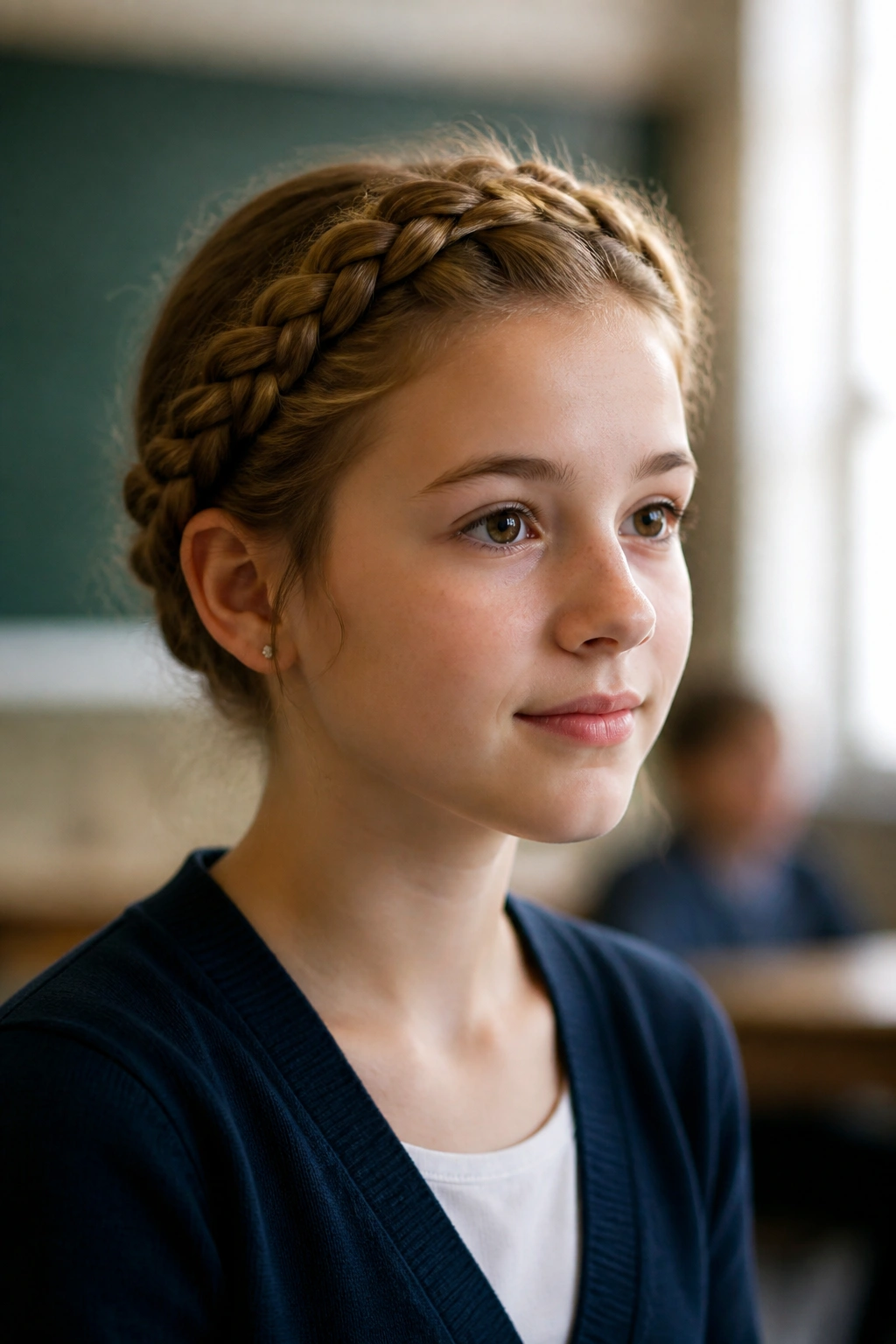 Real student with halo braid crown in a classroom setting