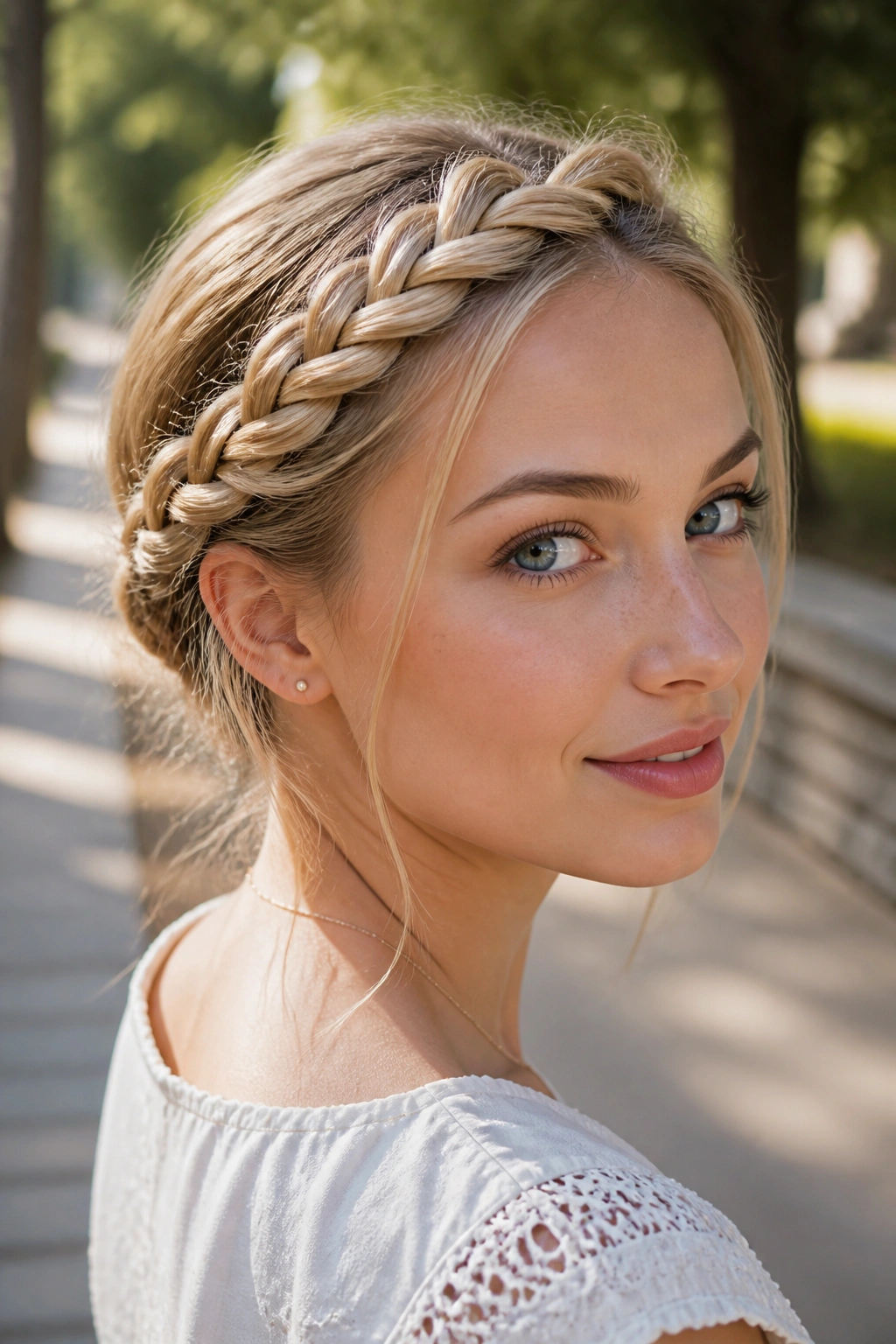 Halo braid starting at the temple on a real woman