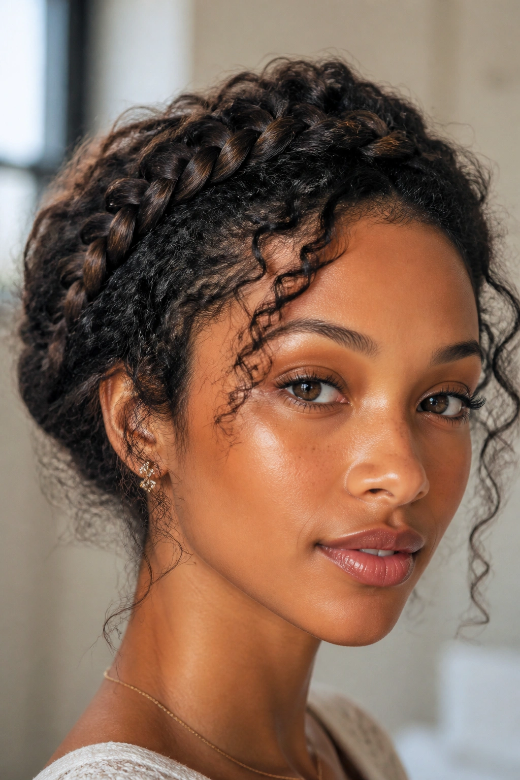 Real woman wearing a halo braid with loose tendrils around the face.