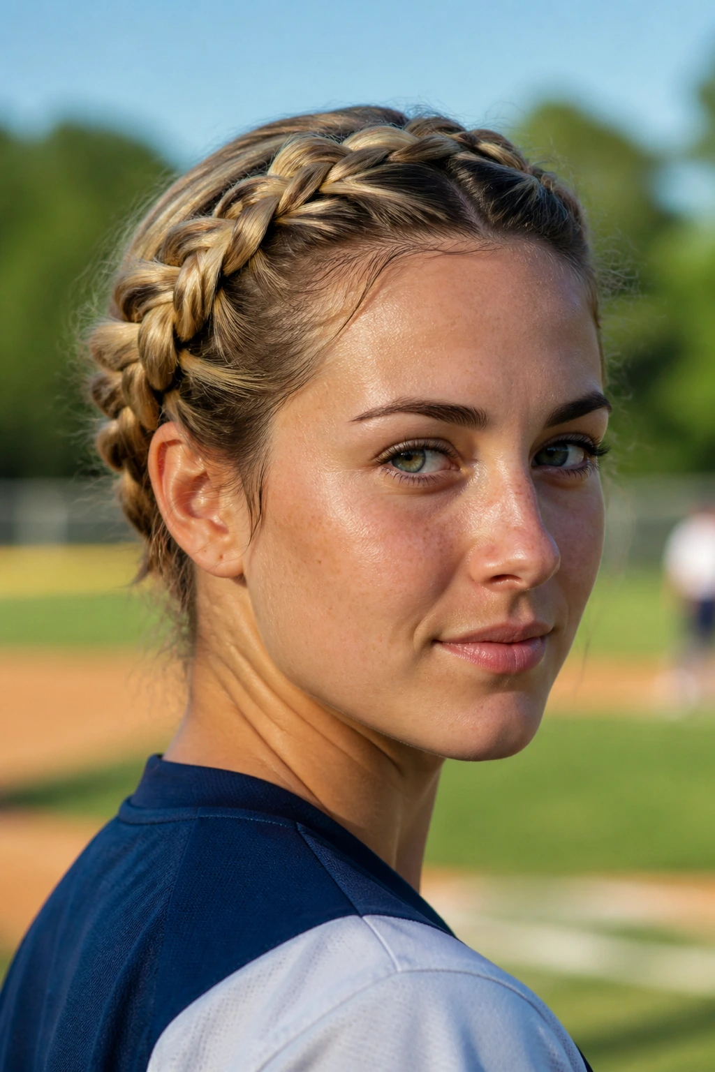 Halo braid with tucked ends on a real softball player.