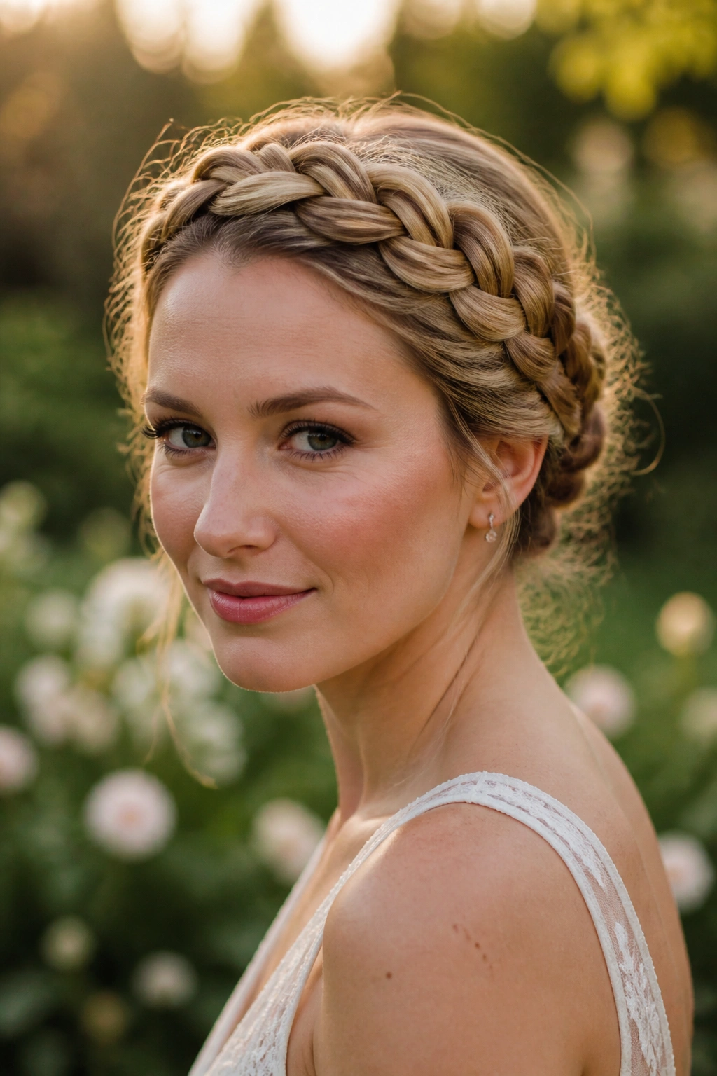 Close-up of a woman wearing a halo braid encircling her head outdoors