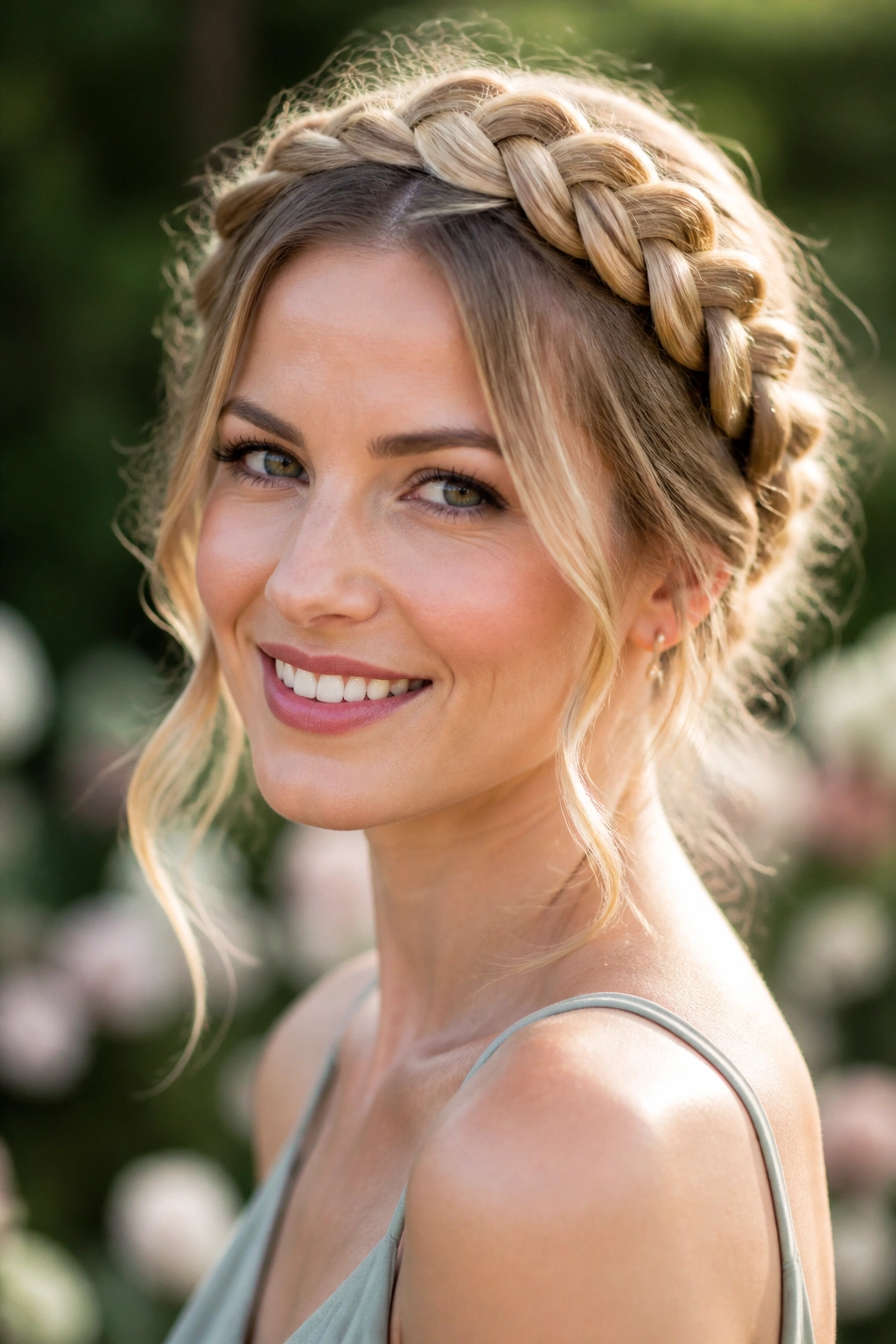 Real woman with halo braid in garden setting.