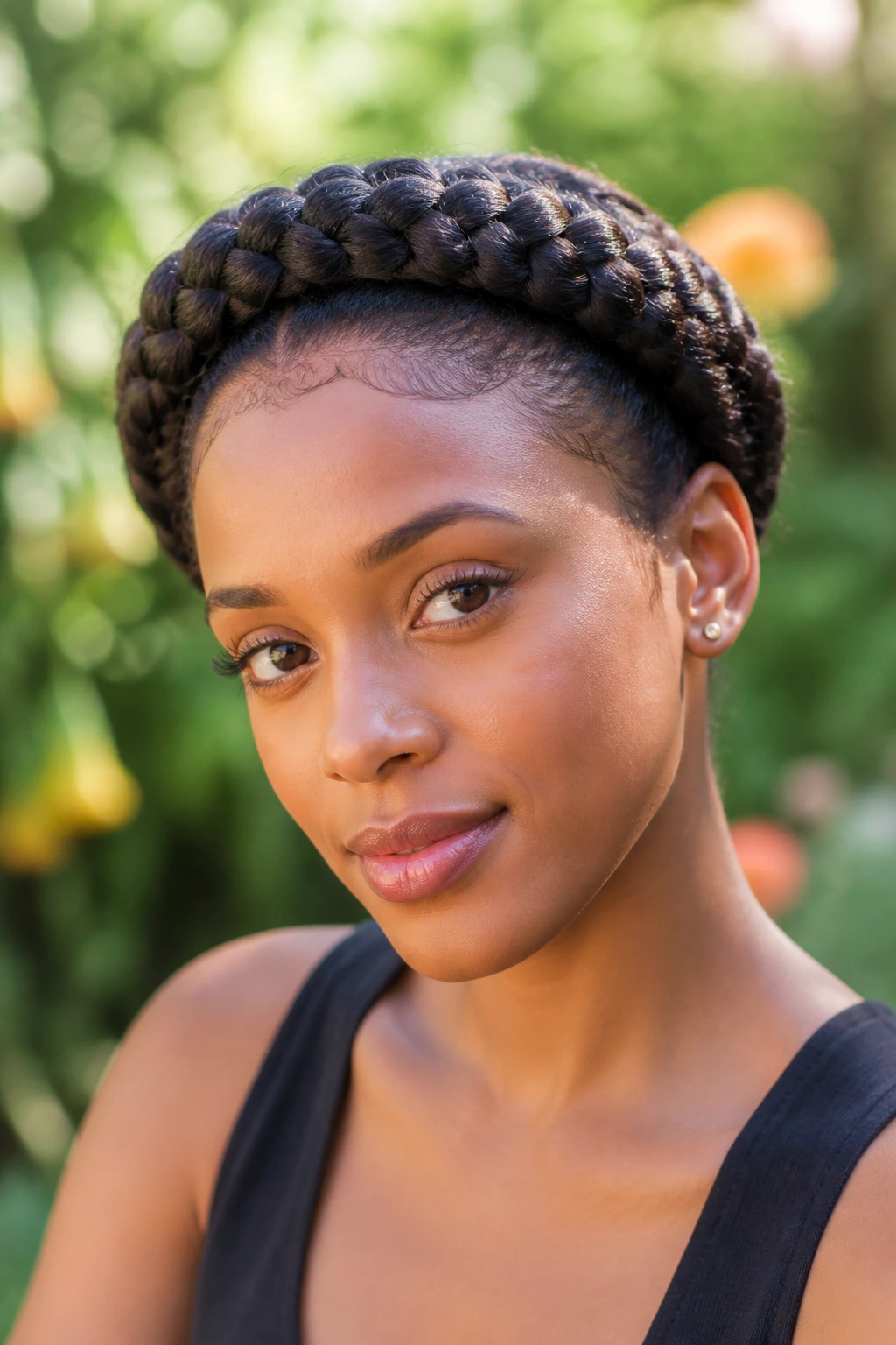 Close-up of a halo crown braid on a real woman outdoors in a garden