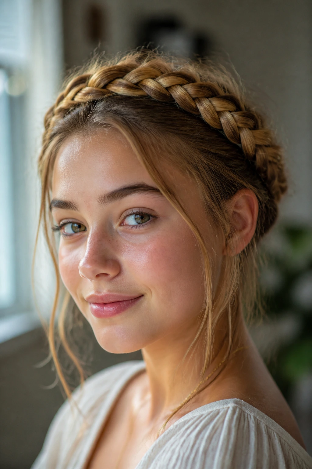Close-up of halo crown braid wrapped around a real teen girl's head