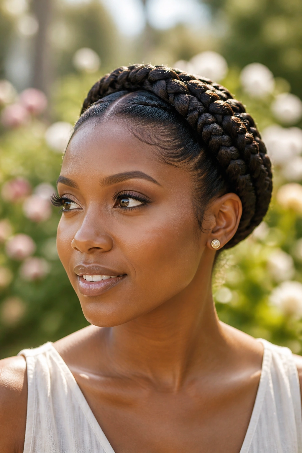 Portrait of a woman wearing halo crown braids outdoors in soft light