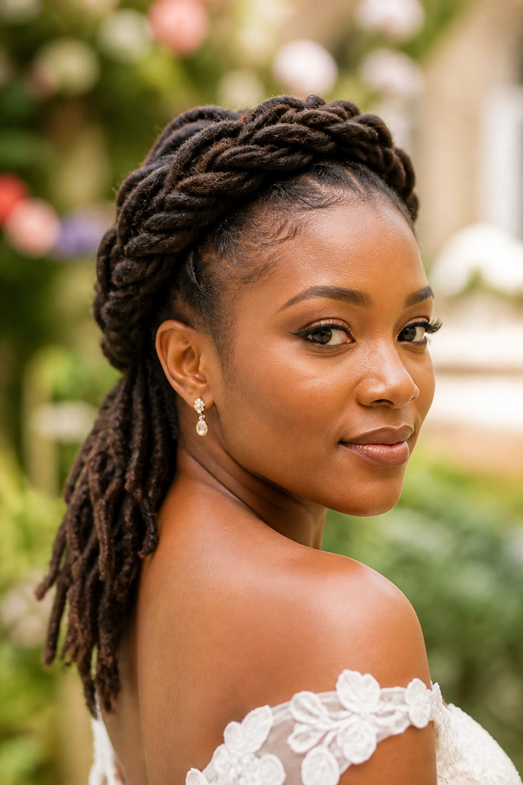 Portrait of a woman wearing halo braided crown with loose ends