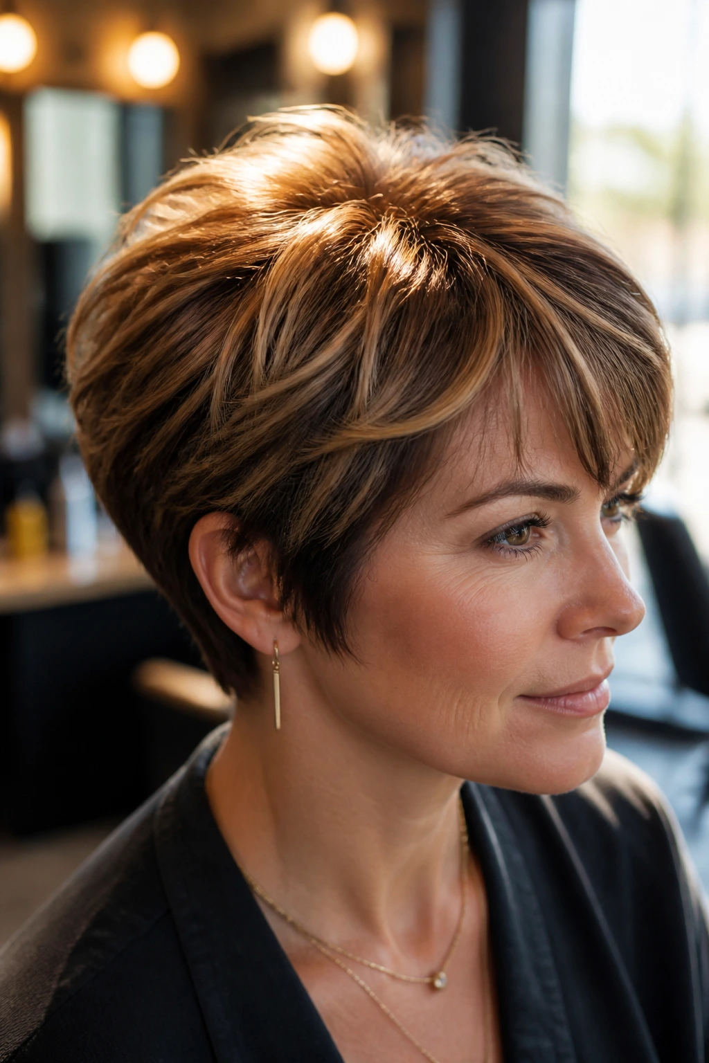 Close-up of short hair with a caramel halo at the crown on a real person