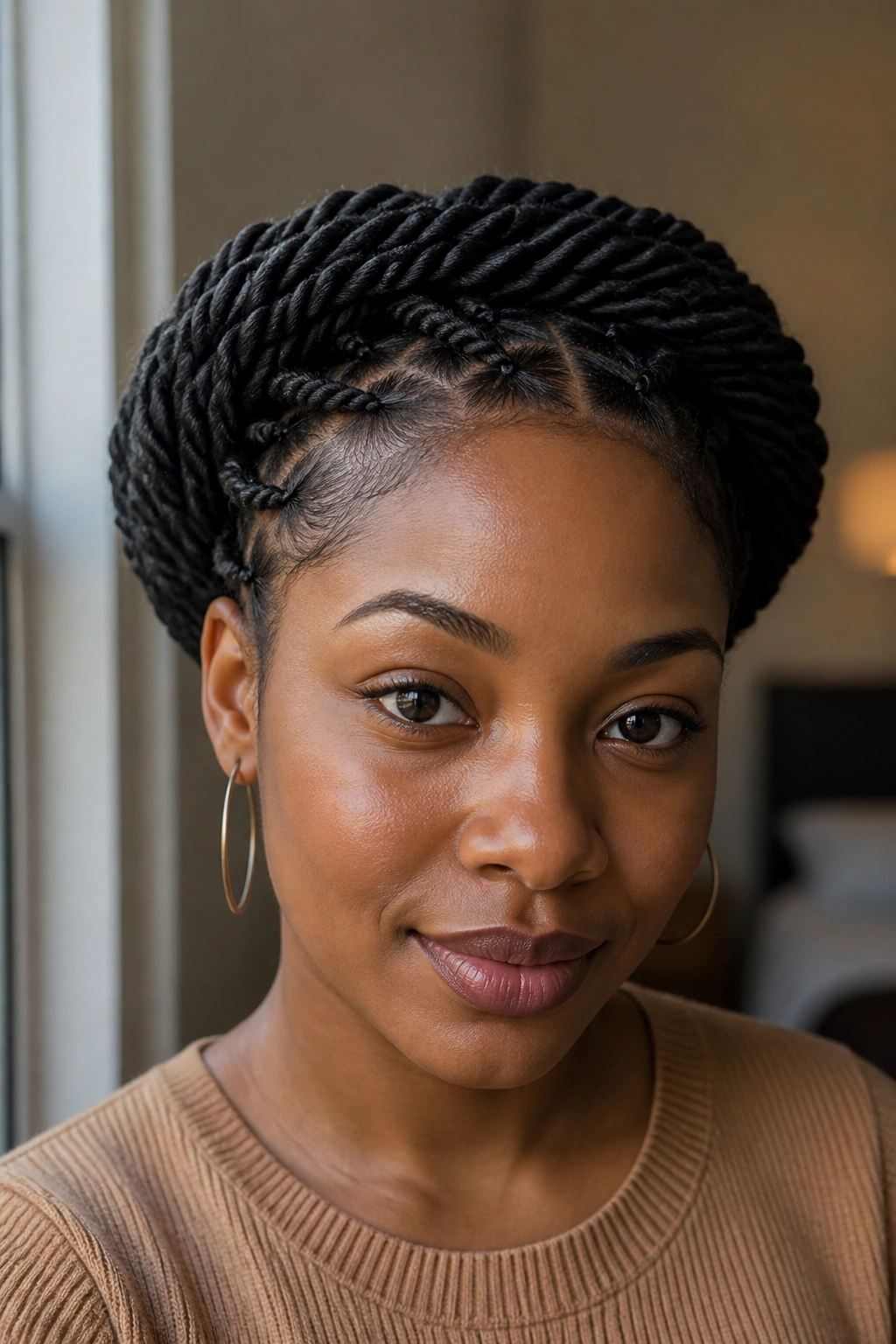 Real Black woman wearing halo crown twists framing her face