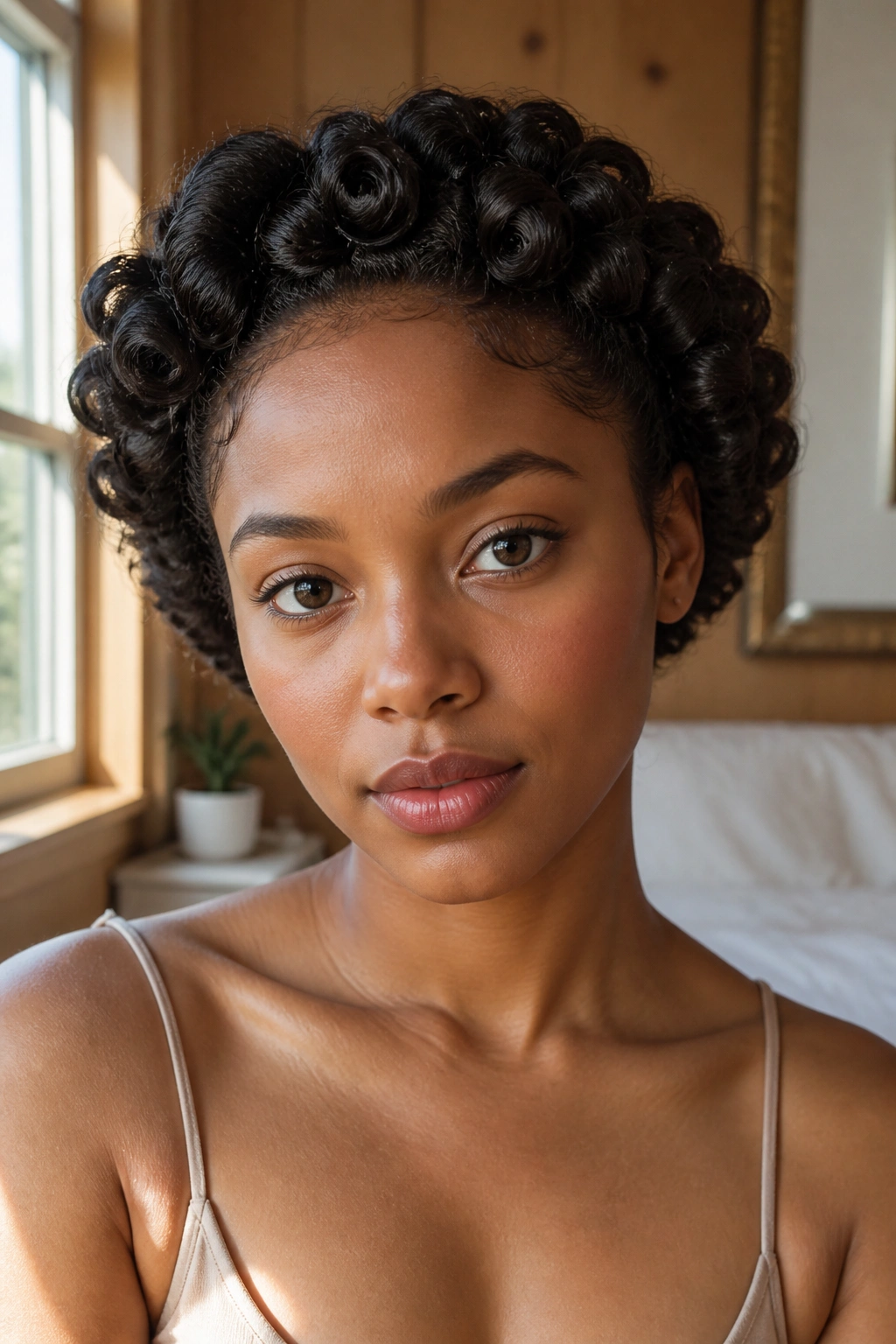 Close-up portrait of a real woman with a halo of pin curls in natural light