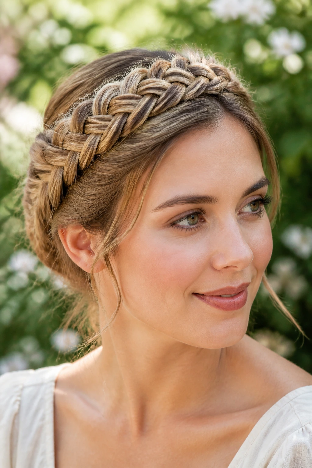 Close-up of a real woman wearing a halo fishtail crown hairstyle.