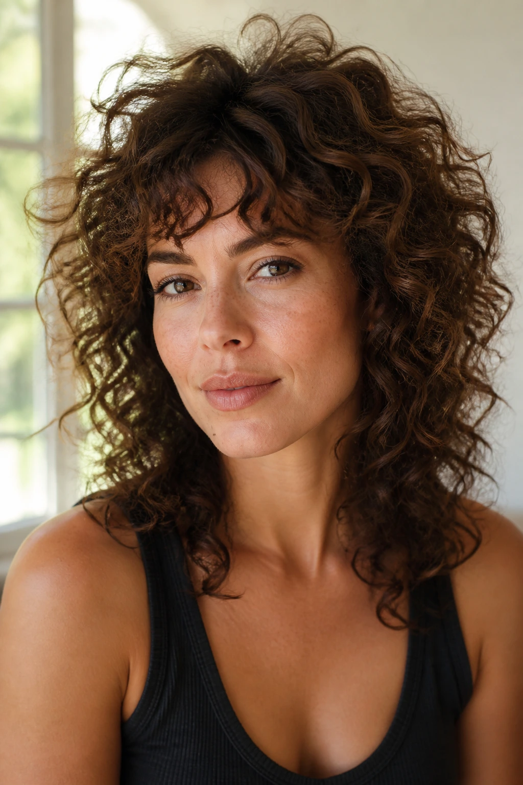Close-up of a real woman with halo-layer curls and crown lift