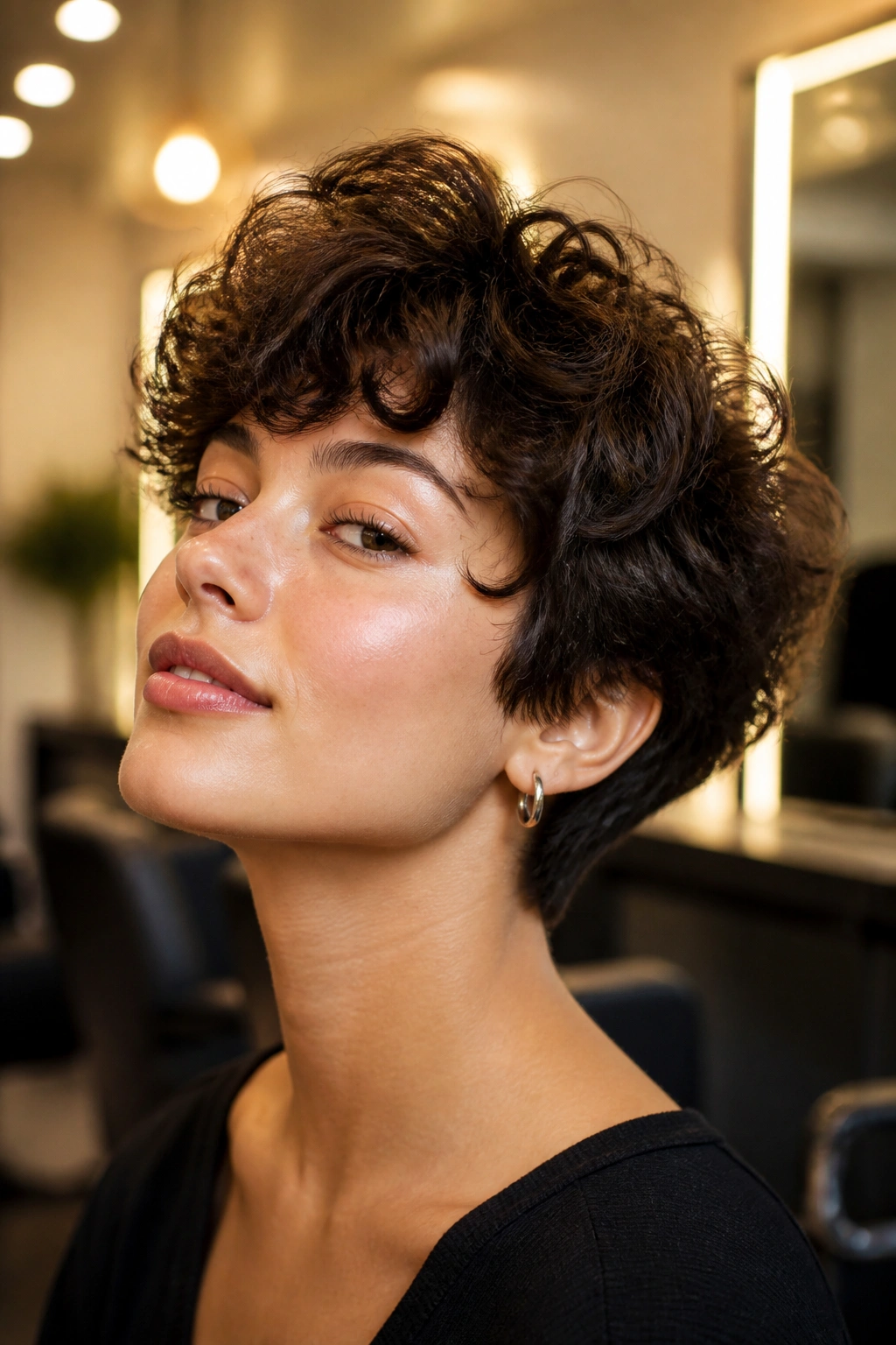 Portrait of a real person with halo lift at crown and voluminous curls