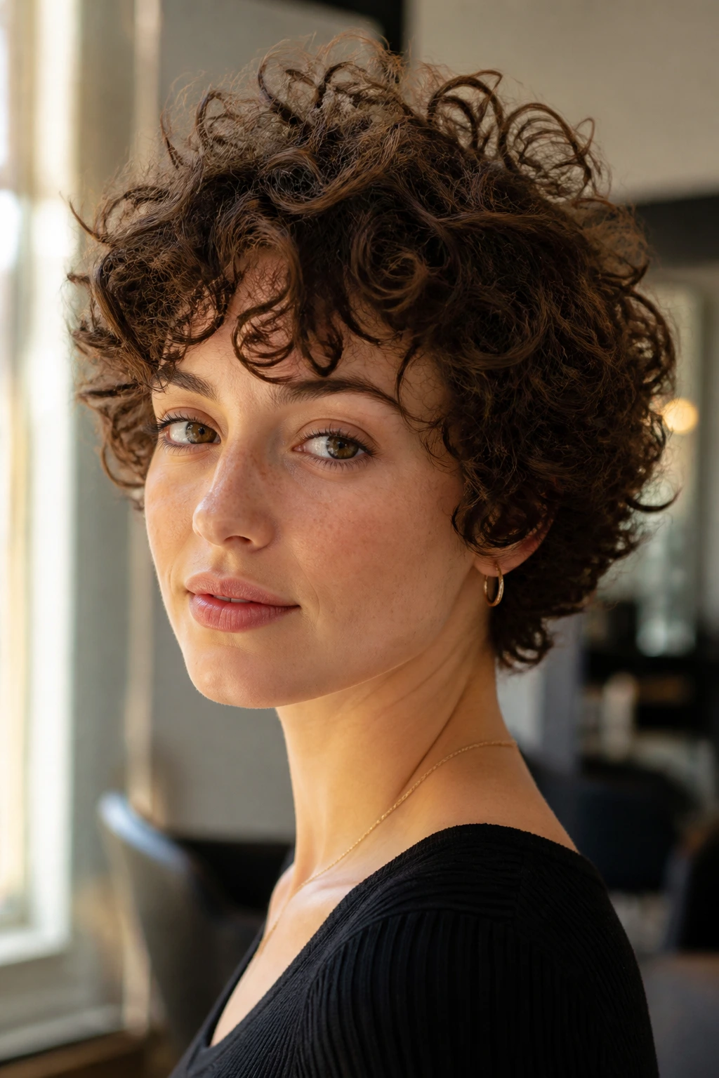 Close-up portrait of a real person with a halo perm, curls forming a soft halo around the head