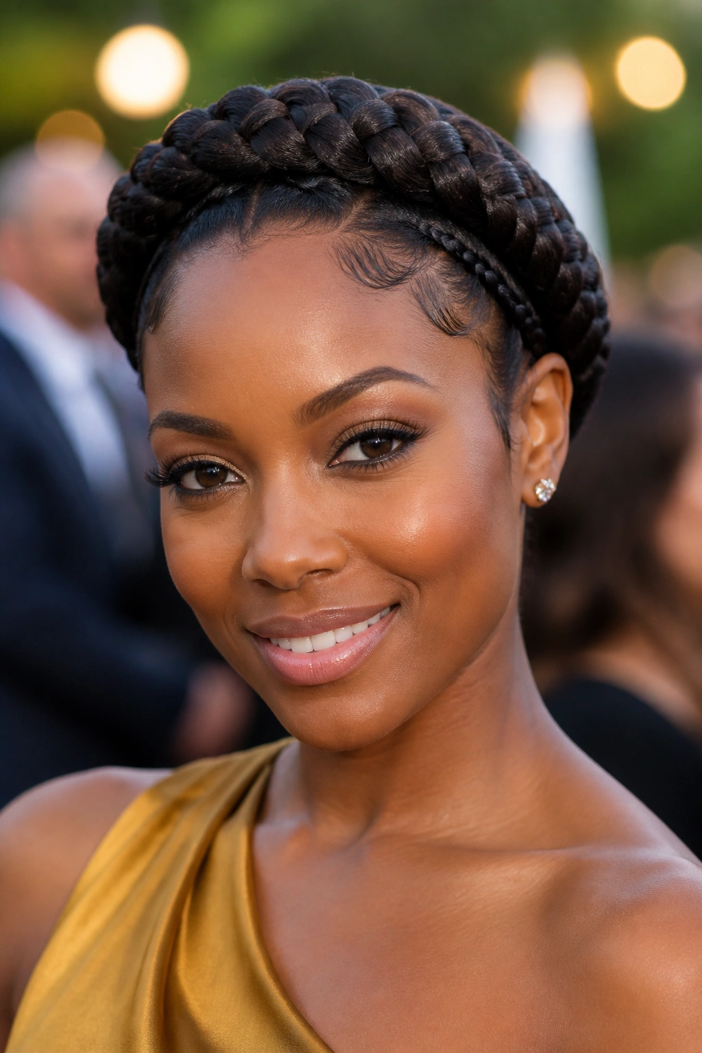 Close-up of a real Black woman with halo pixie braids