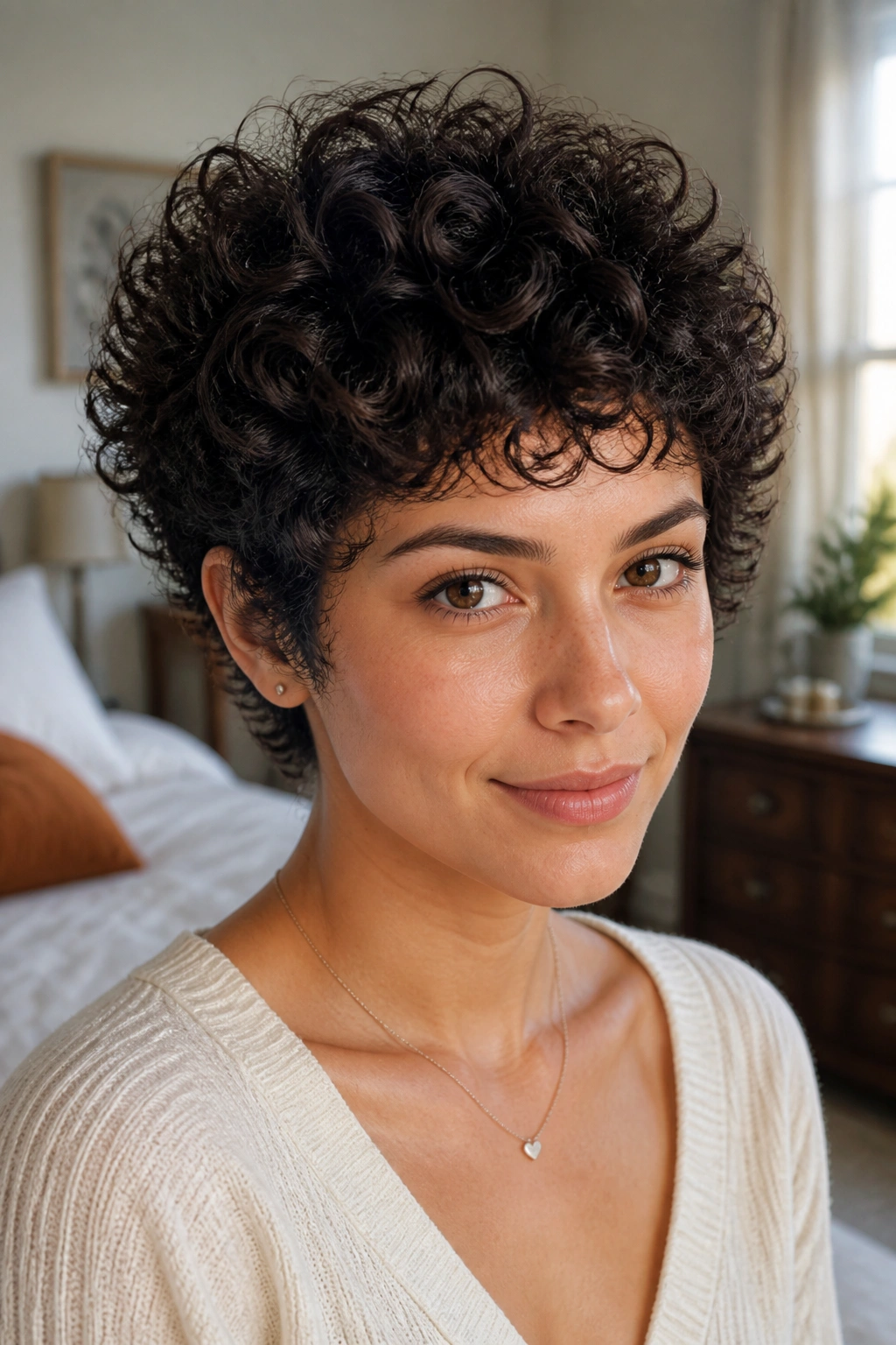 Close-up of a real person with a halo-shaped curly pixie cut.