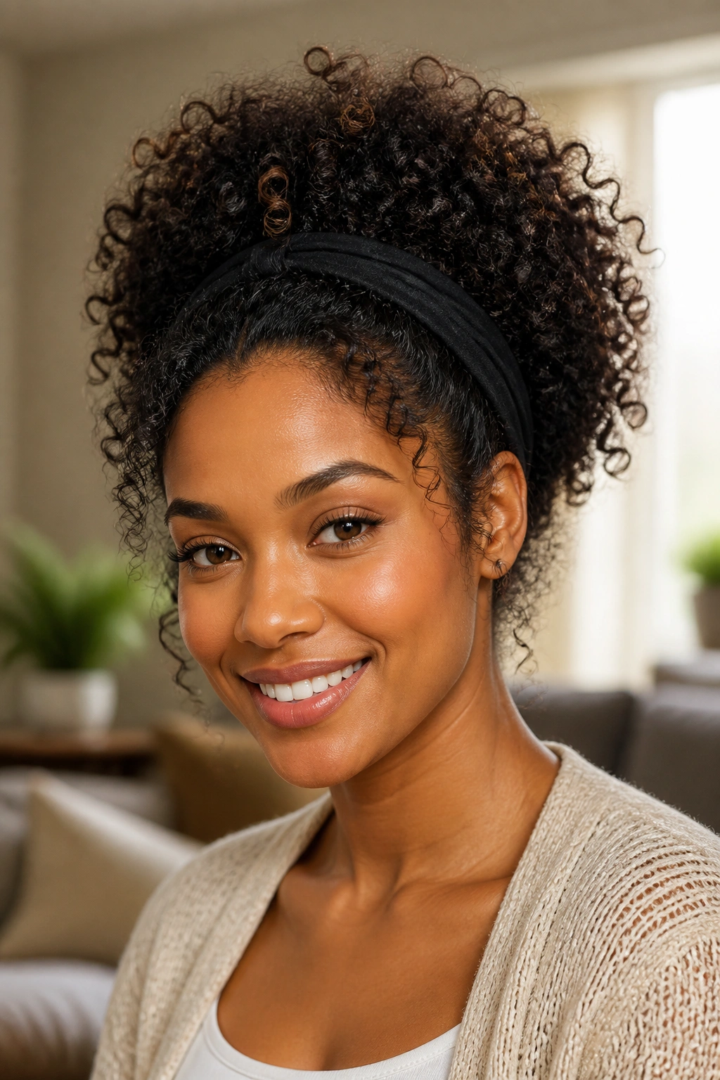 Close-up of real woman with crown-height halo puff hairstyle in warm window light
