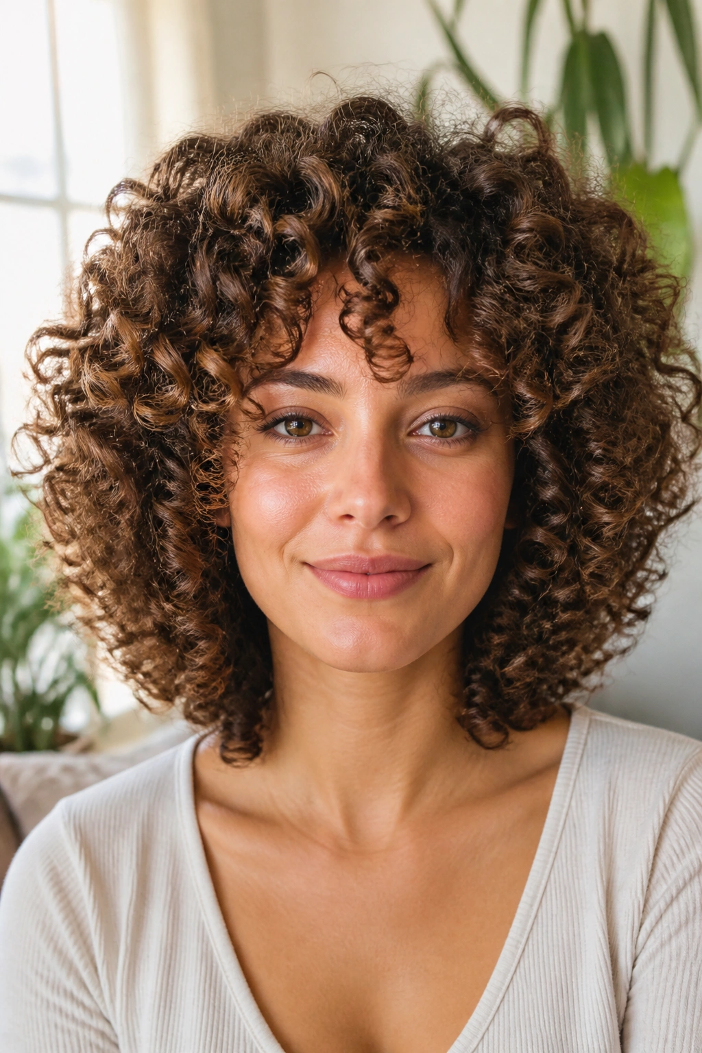 Real woman with halo-shaped rounded volume curls framing her head