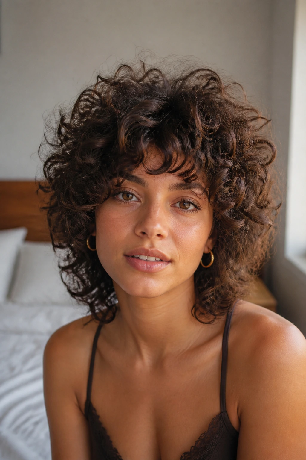 Close-up portrait of a real woman with halo-shaped curls at the crown.