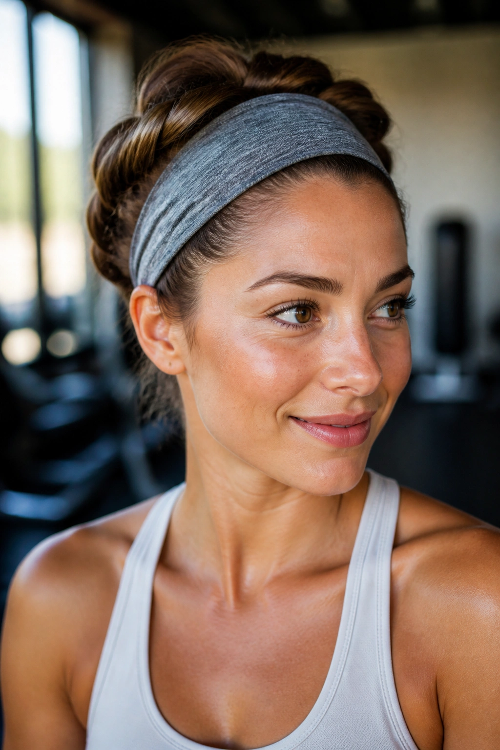 Close-up of halo tuck hairstyle with headband on a real person during workout