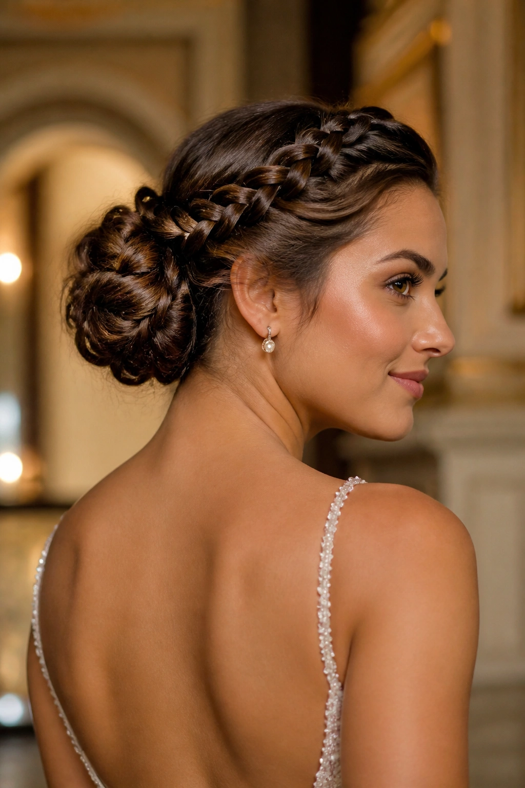 Halo twist bun with crown halo framing the head