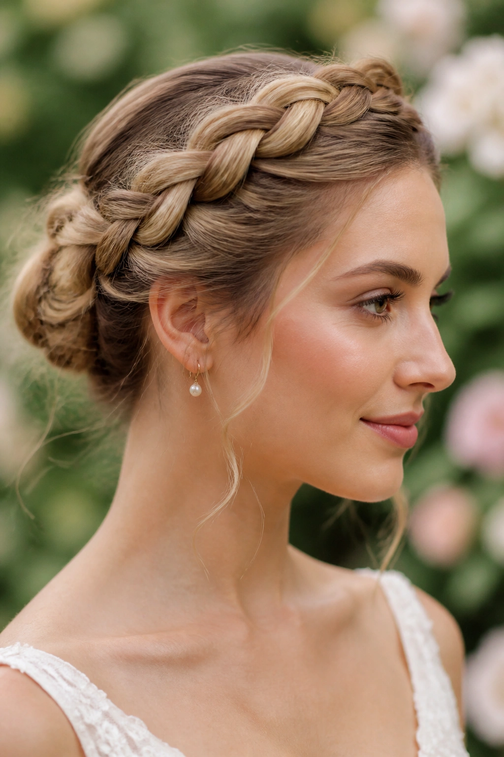 Portrait of a real woman featuring a halo-style twist crown that forms a bun at the back