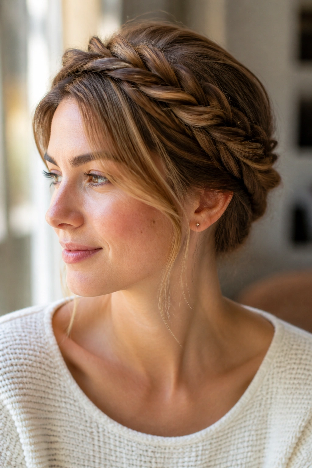 Close-up of a woman wearing a halo twist with ends tucked under
