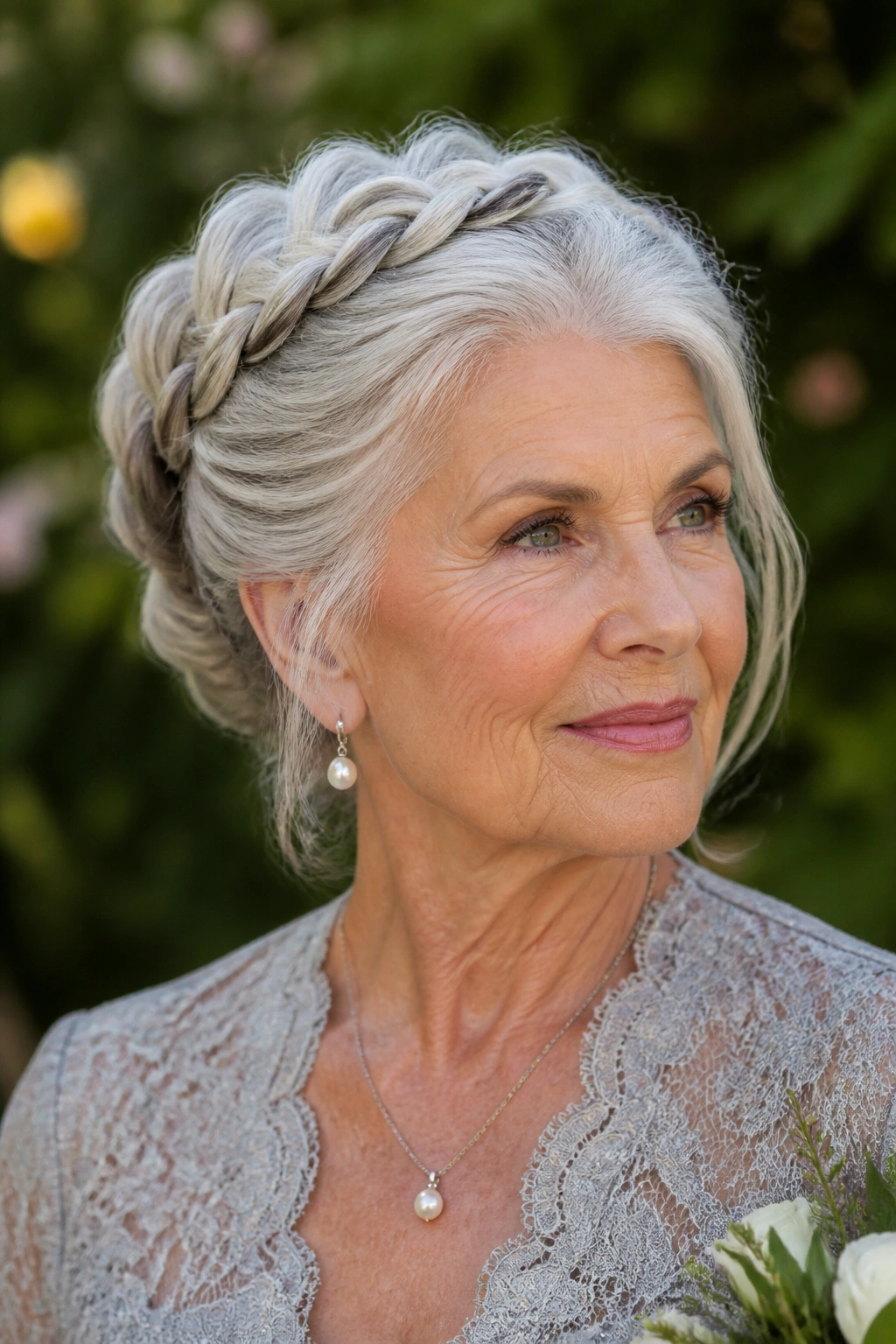 Close-up of an older woman with twist-and-pin halo updo and grey hair