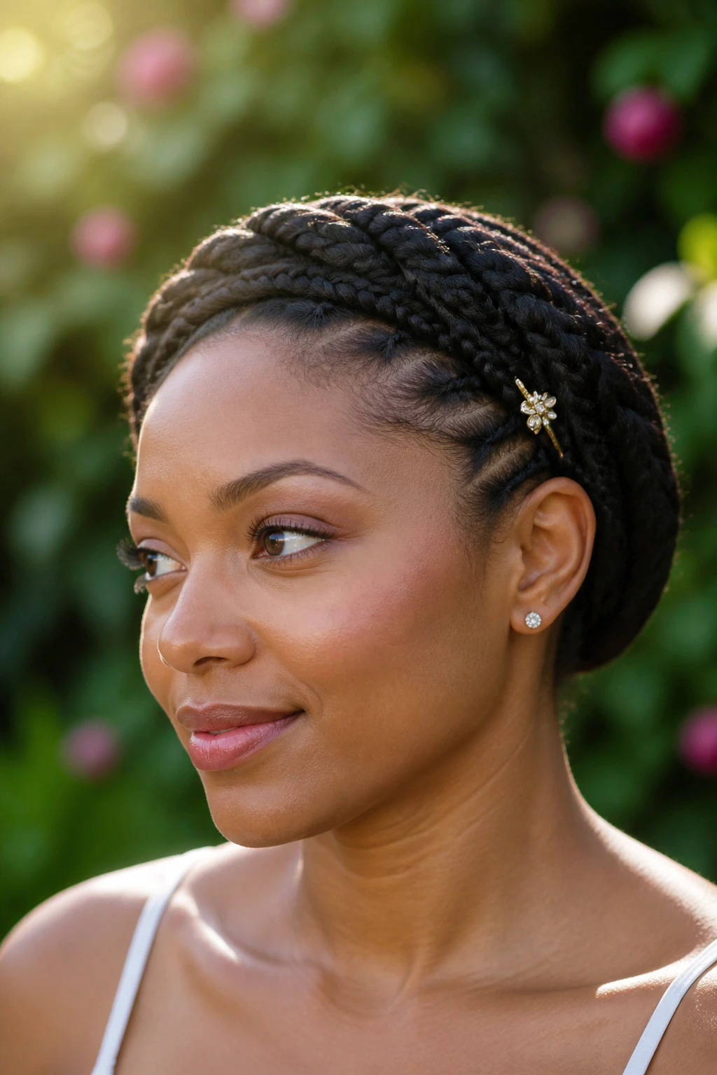 Close-up of a real woman wearing halo wrap with a side clip
