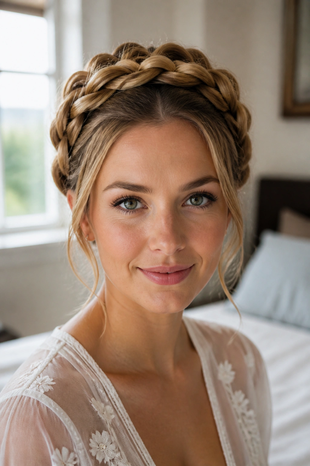 Real woman with halo braid around the head in a bright room