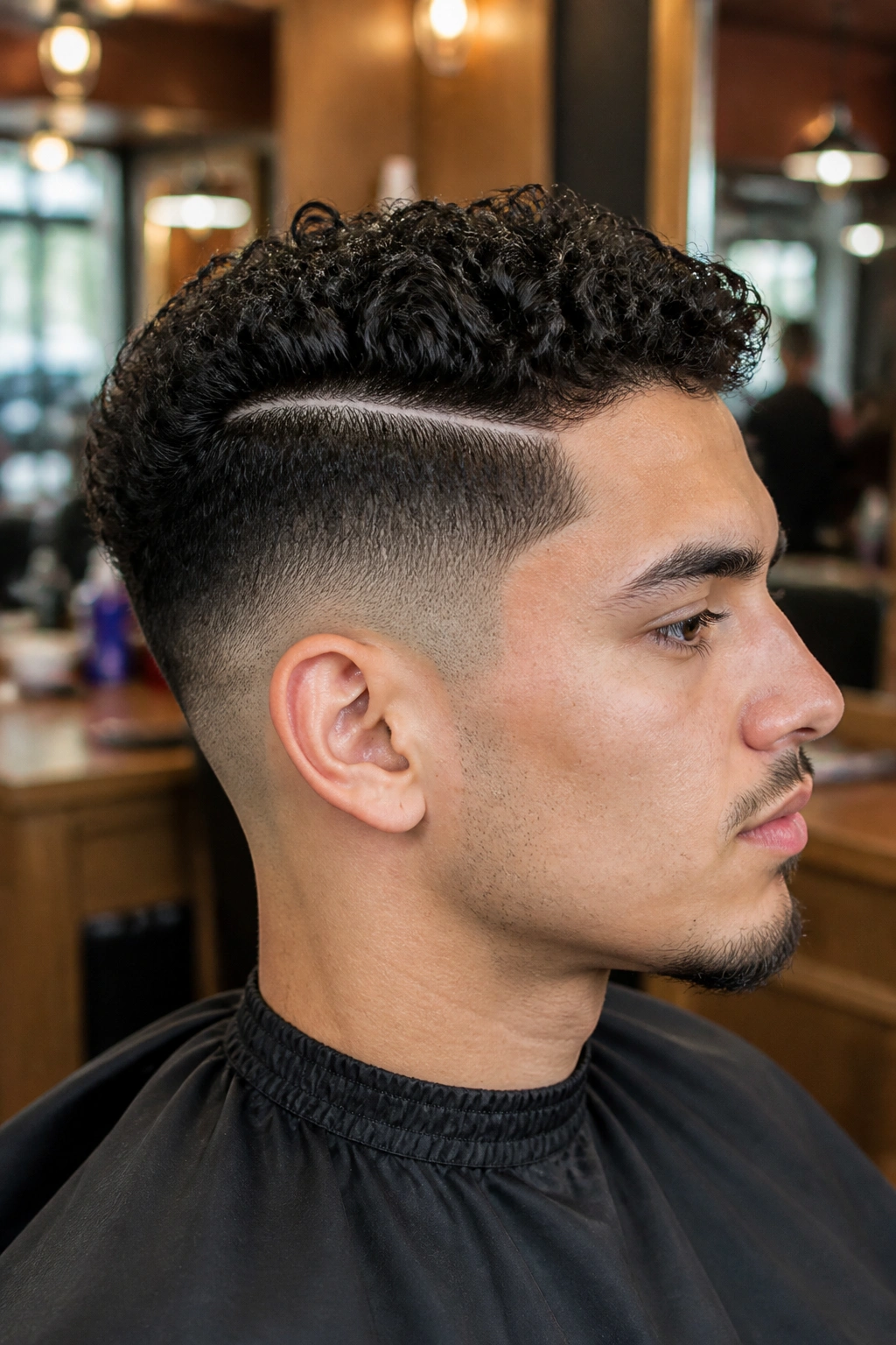 Man with a sharp hard part in a curly taper fade.