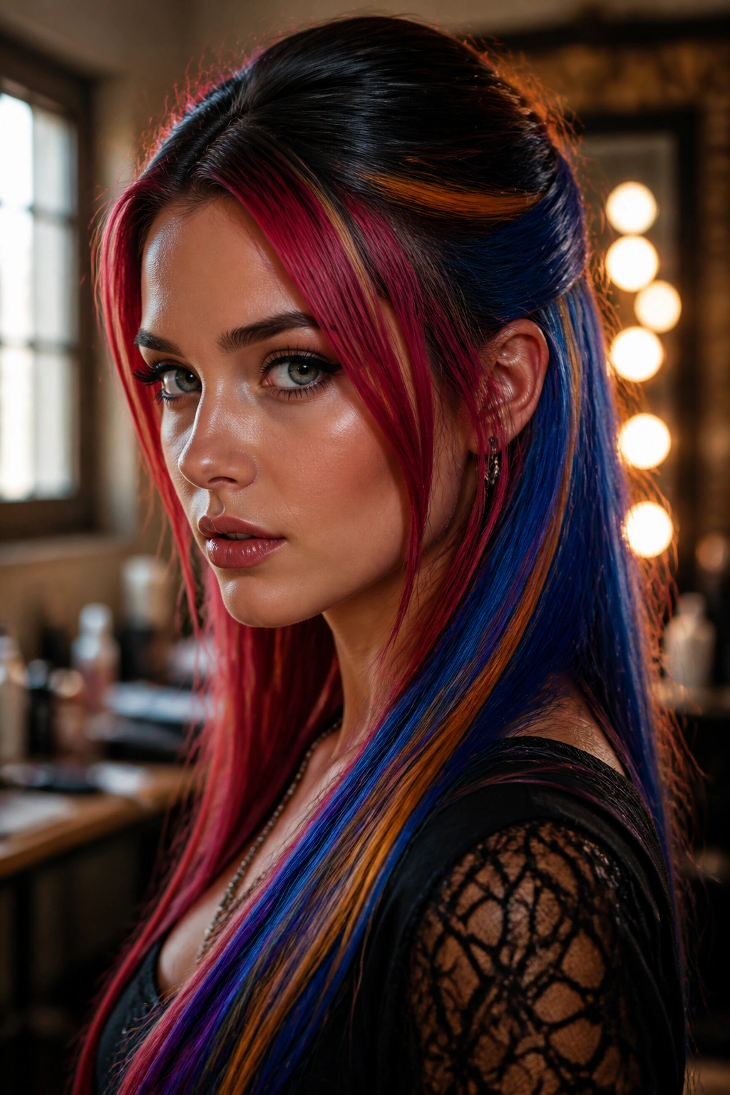 Close-up of a real person with Harlequin diagonal streaks in crimson, cobalt, and gold
