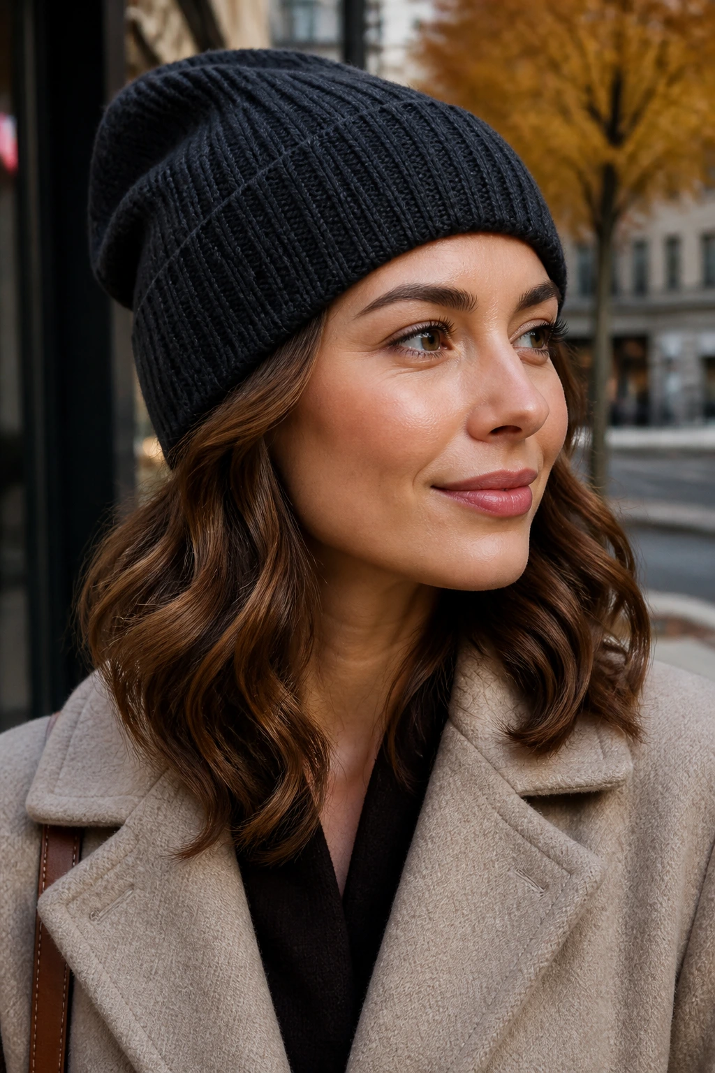 Close-up of Hat-Friendly Loose Curls on a real woman wearing a knit hat in fall daylight