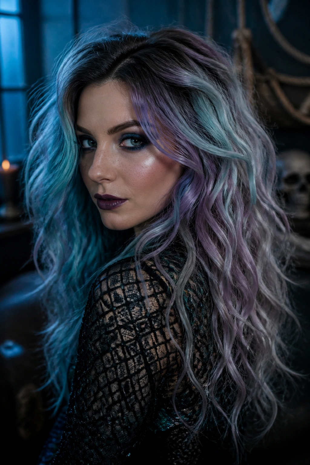 Close-up of a real person with aqua, lilac, and smoke mermaid hair