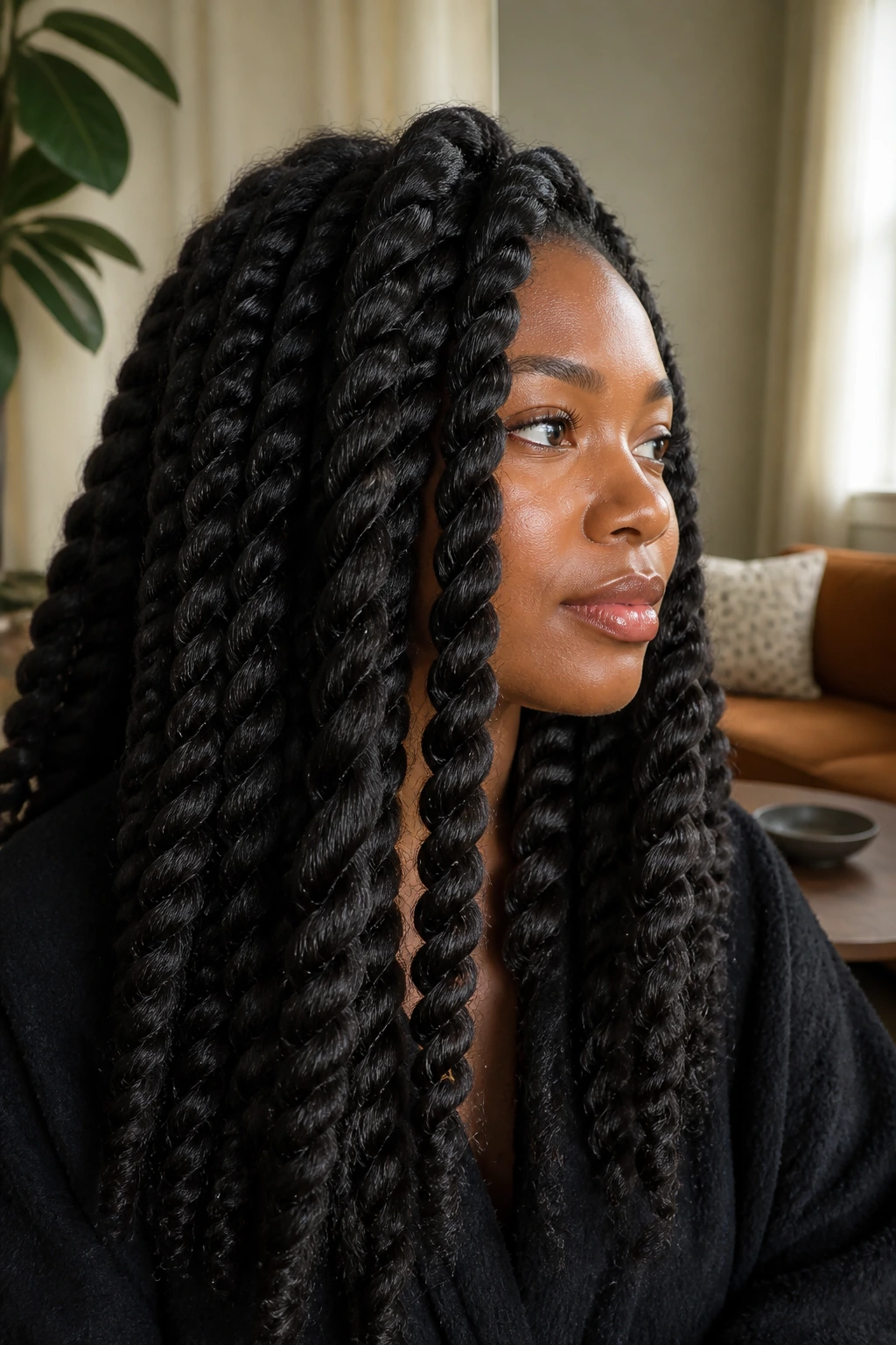 Real person with large Havana twists in a softly lit living room