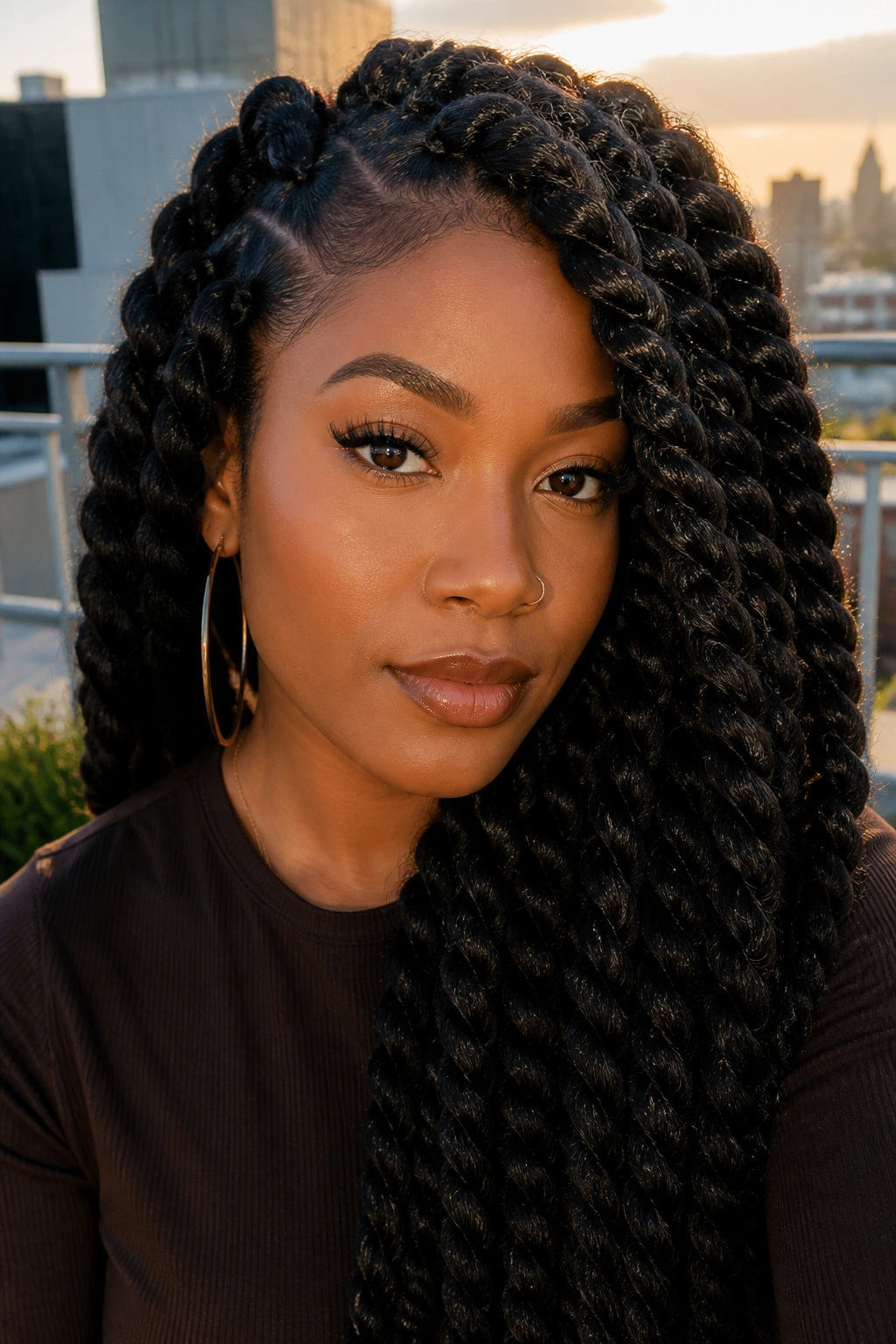 Close-up portrait of a real woman with Havana twists on a rooftop at golden hour