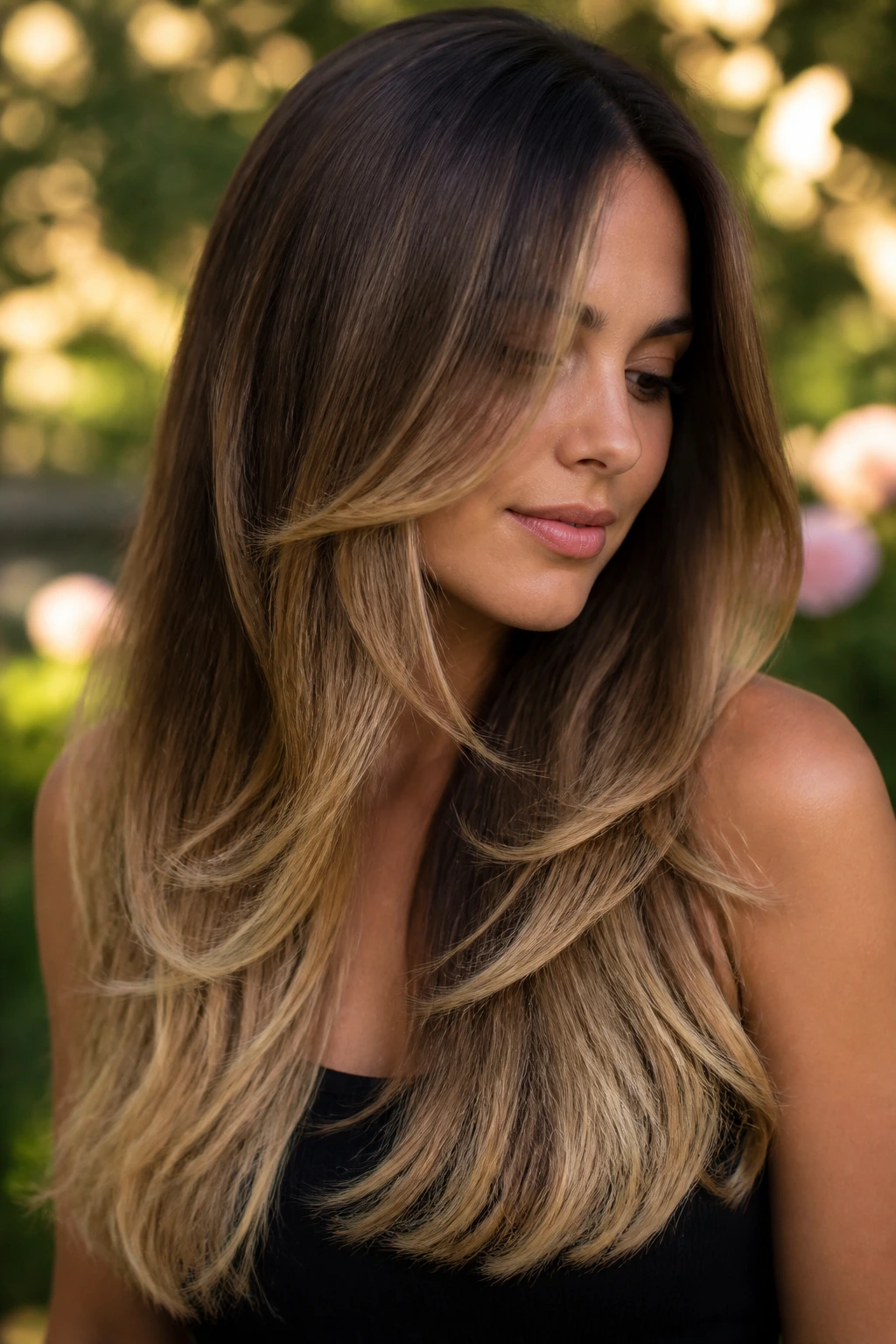 Medium close-up of long layered hazelnut balayage on a real person.