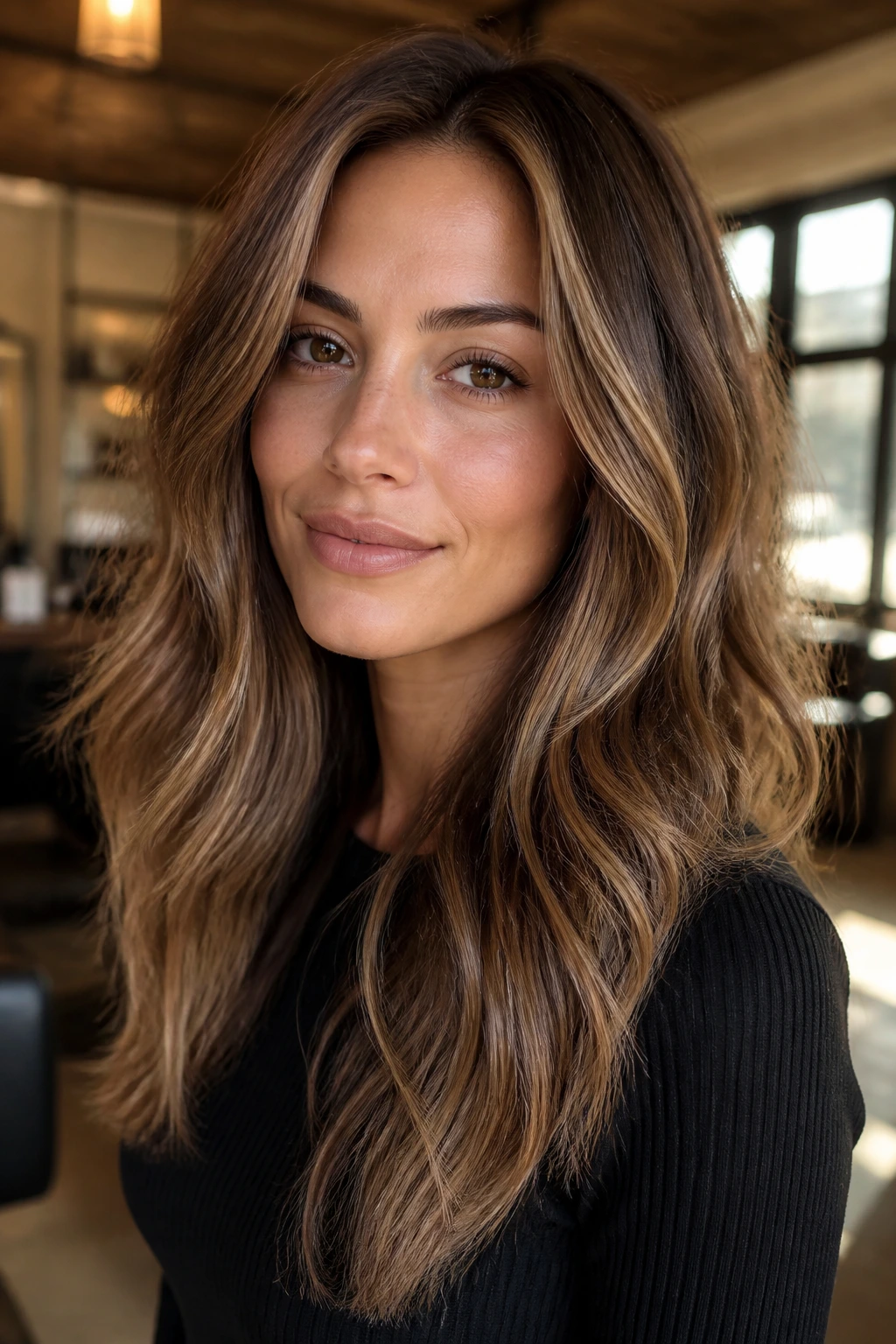 Close-up portrait of a real woman with hazelnut balayage and warm beige-brown highlights in a cozy salon.