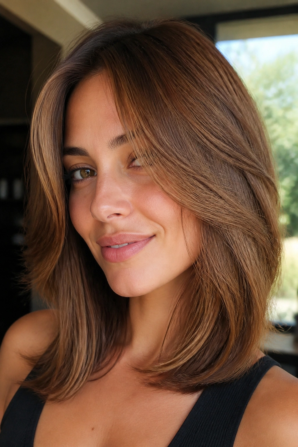 Close-up portrait of a woman with hazelnut brown hair and golden reflections