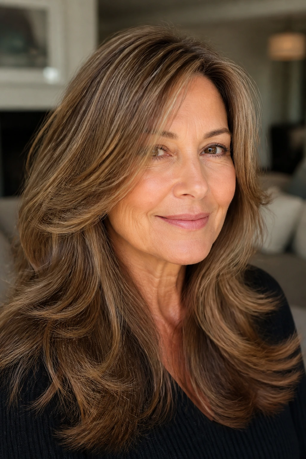 Close-up of hazelnut brown hair with beige-gold contrast on a real woman