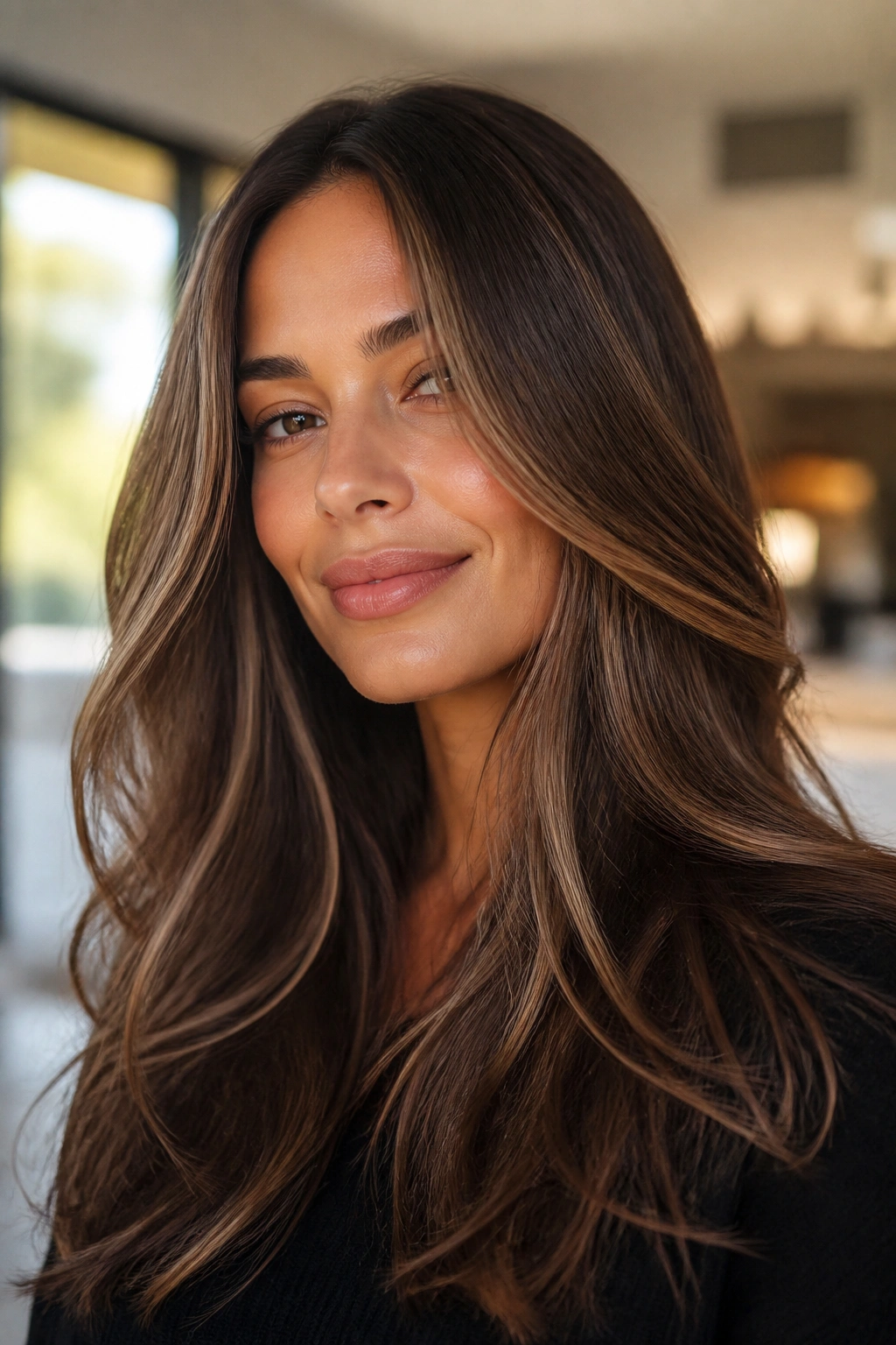 Close-up of hazelnut brunette with fine babylights around the face, soft dimension.