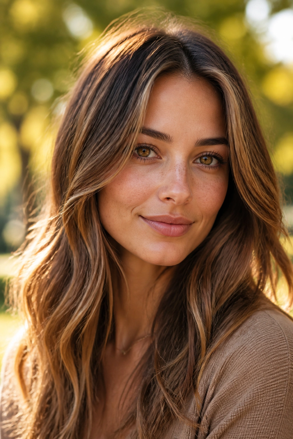 Close-up of a real woman with hazelnut brunette hair in a sunlit outdoor setting