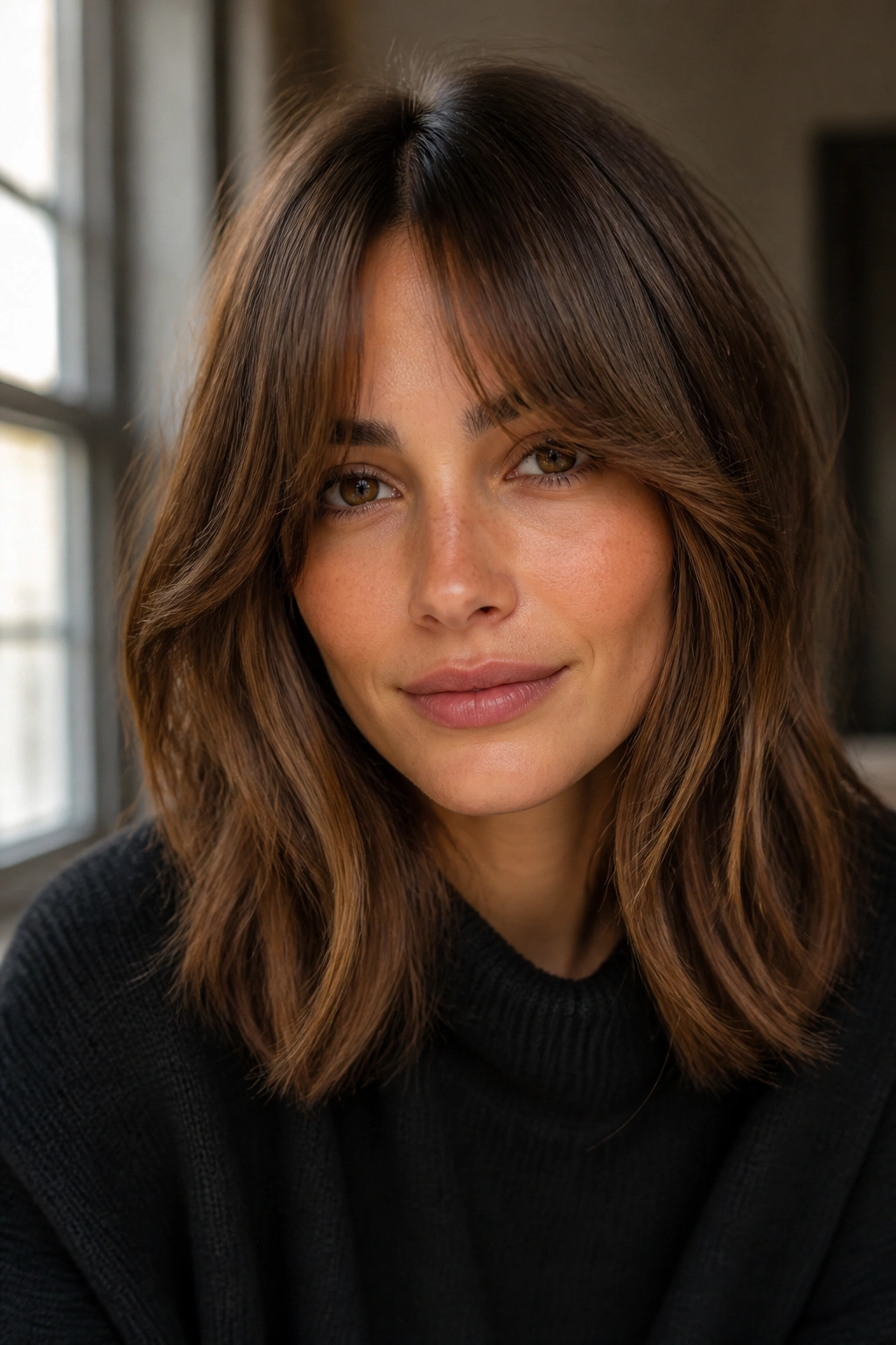 Close-up of a real woman with hazelnut brunette and curtain bangs