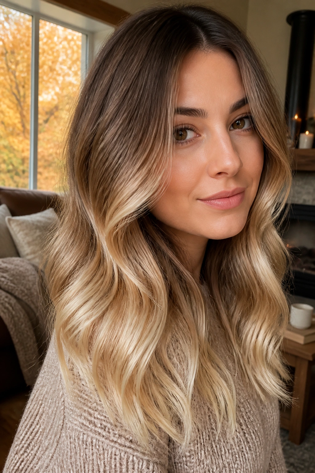 Close-up portrait of a woman with hazelnut to buttercream ombre, hair gradient visible in warm indoor light