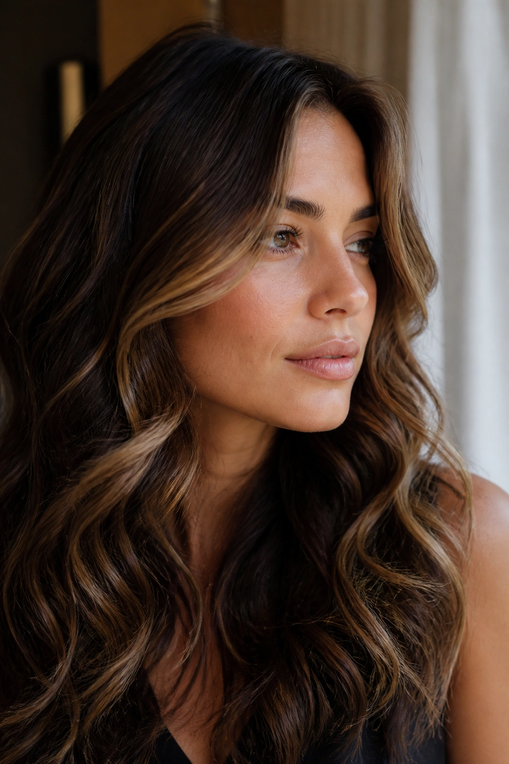 Close-up of a real woman with hazelnut face-framing pieces in wavy brunette hair by window light