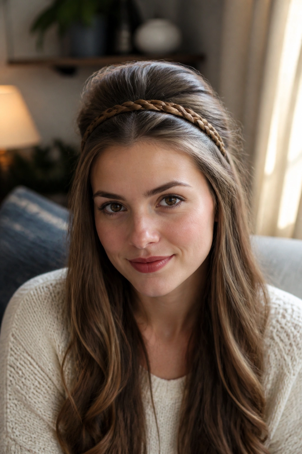 Real woman with a lifted crown braided headband across the front; soft, vintage-lit portrait.